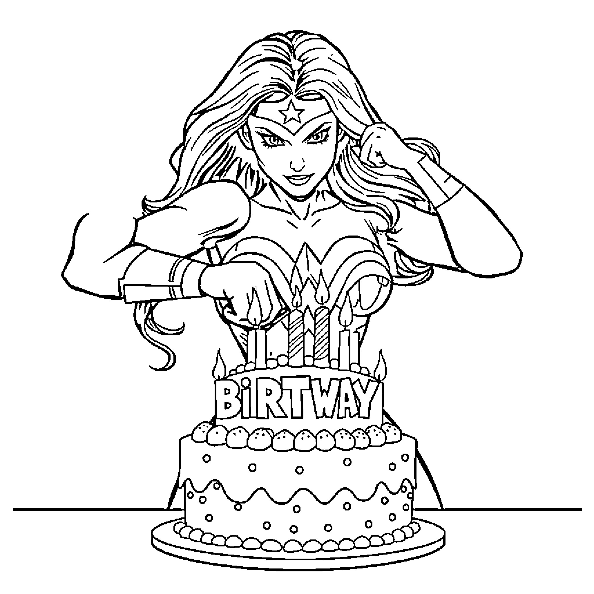 Wonder Woman Celebrates Birthday with Cake Coloring Page (free black-and-white line drawing printable PDF for all, from beginners to advanced learners, including children, teens, adults, and seniors)