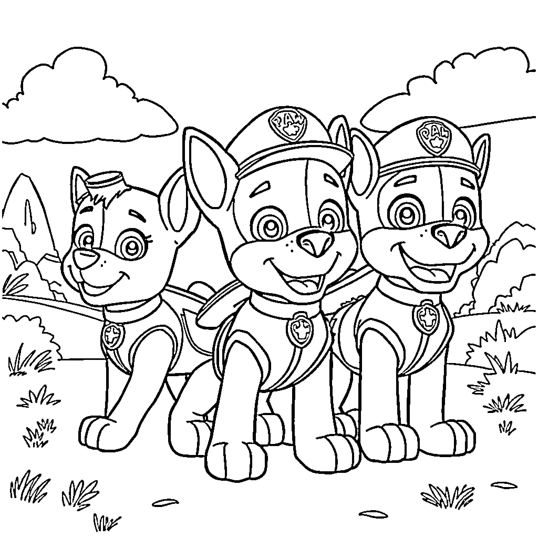 Paw Patrol pups on an adventure Coloring Page (free black-and-white line drawing printable PDF for all, from beginners to advanced learners, including children, teens, adults, and seniors)