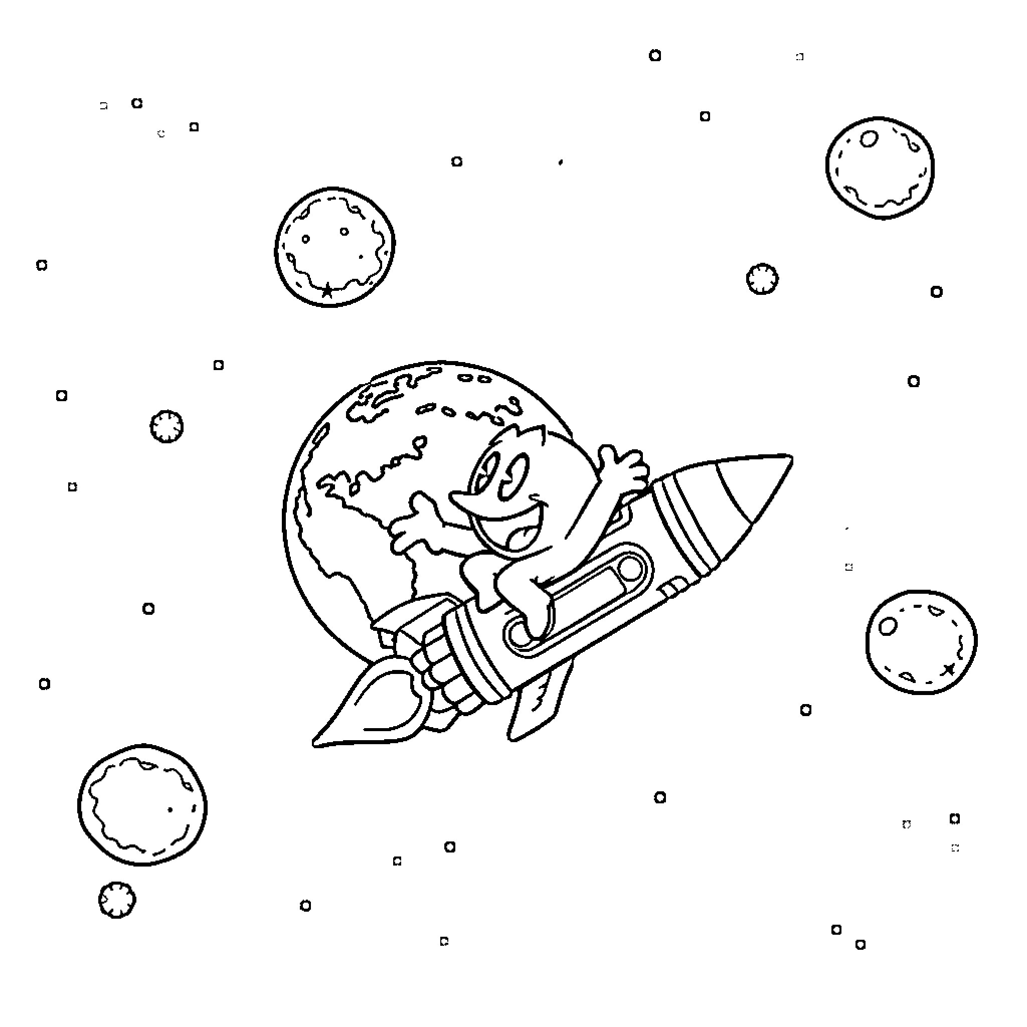 Pacman exploring the galaxy in a rocket Coloring Page (free black-and-white line drawing printable PDF for all, from beginners to advanced learners, including children, teens, adults, and seniors)