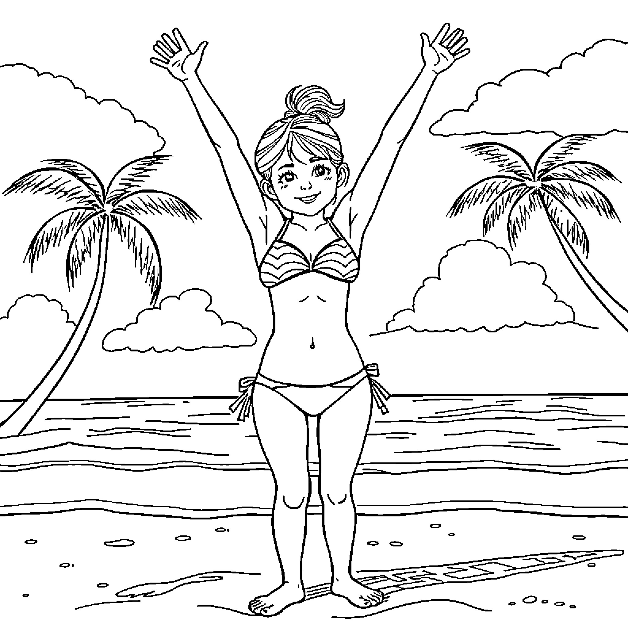 Girl enjoying summer on the beach Coloring Page (free black-and-white line drawing printable PDF for all, from beginners to advanced learners, including children, teens, adults, and seniors)