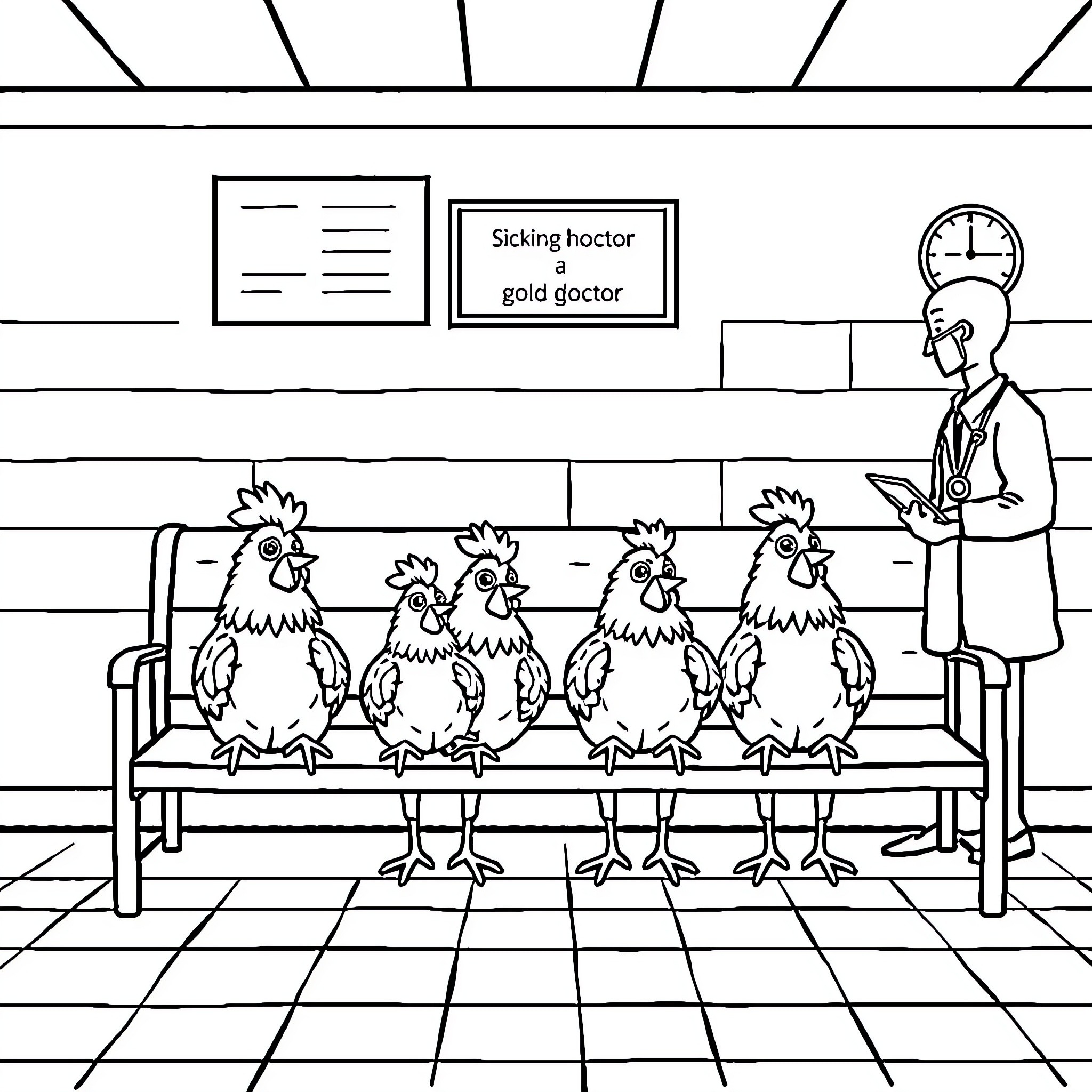 Chickens waiting patiently at the doctor's office Coloring Page (free black-and-white line drawing printable PDF for all, from beginners to advanced learners, including children, teens, adults, and seniors)