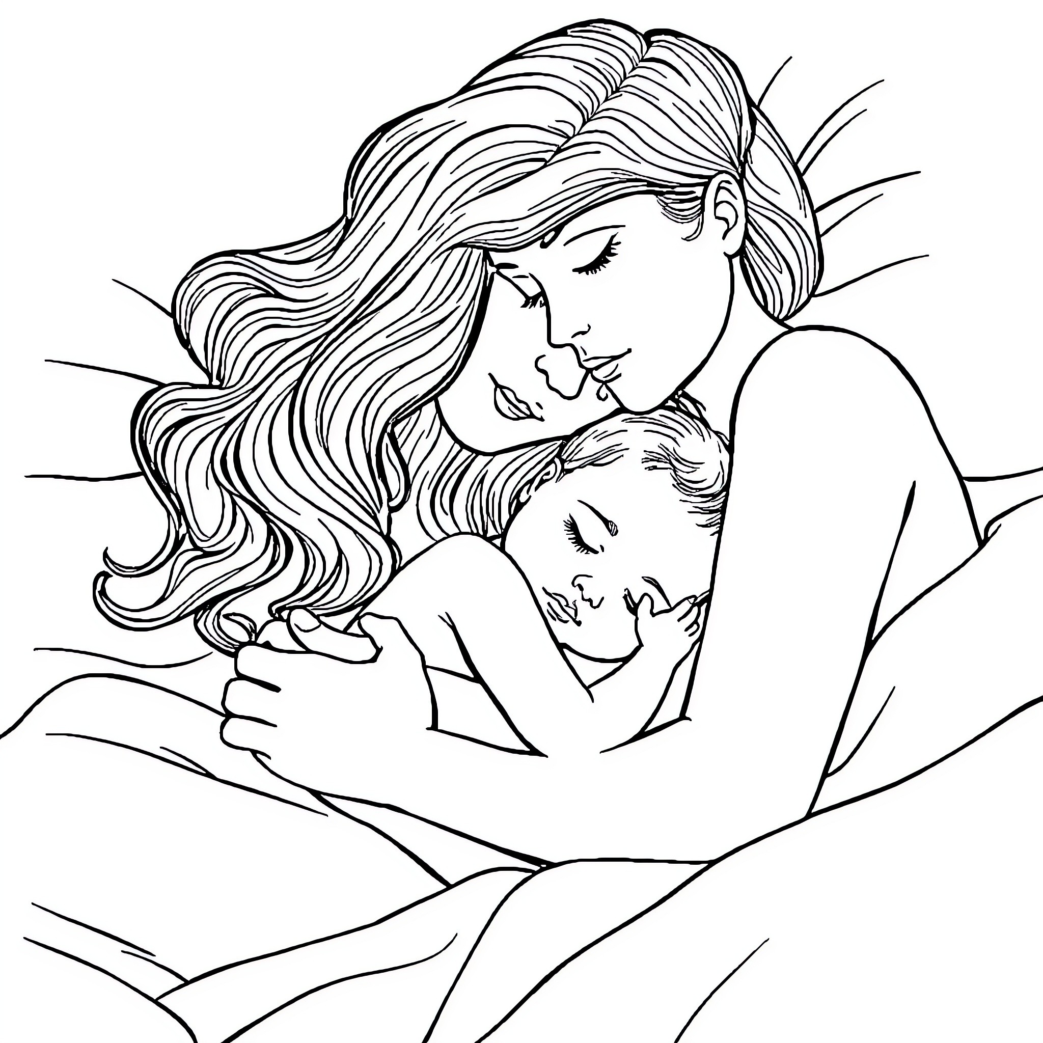 Mom's Tender Embrace with Child Coloring Page (free black-and-white line drawing printable PDF for all, from beginners to advanced learners, including children, teens, adults, and seniors)