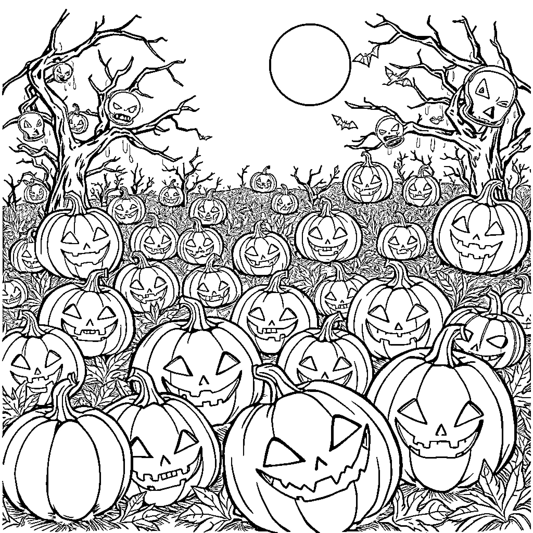 Pumpkin patch with festive carved pumpkins Coloring Page (free black-and-white line drawing printable PDF for all, from beginners to advanced learners, including children, teens, adults, and seniors)