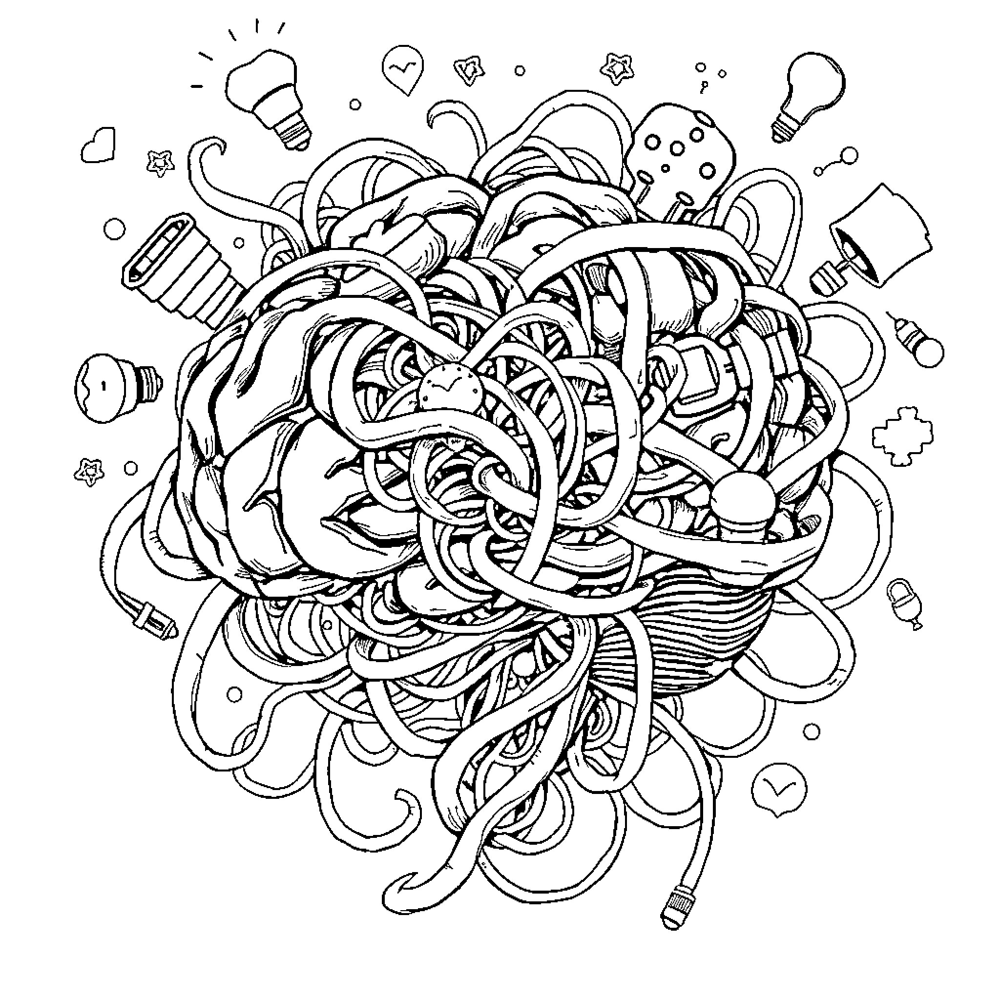 Brainrot: Chaotic Expressions and Scattered Symbols Coloring Page (free black-and-white line drawing printable PDF for all, from beginners to advanced learners, including children, teens, adults, and seniors)
