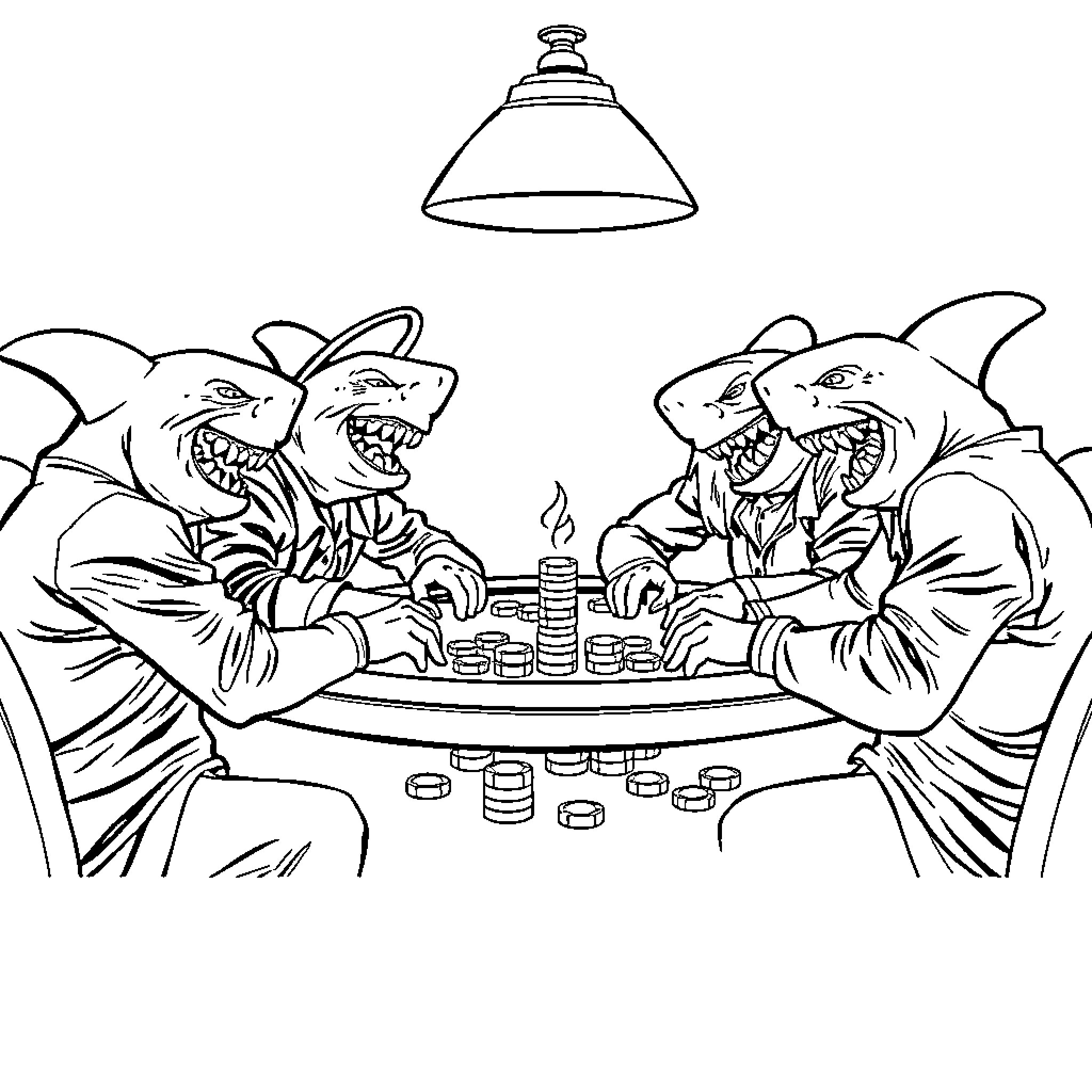 Shark card players gambling at the table Coloring Page (free black-and-white line drawing printable PDF for all, from beginners to advanced learners, including children, teens, adults, and seniors)