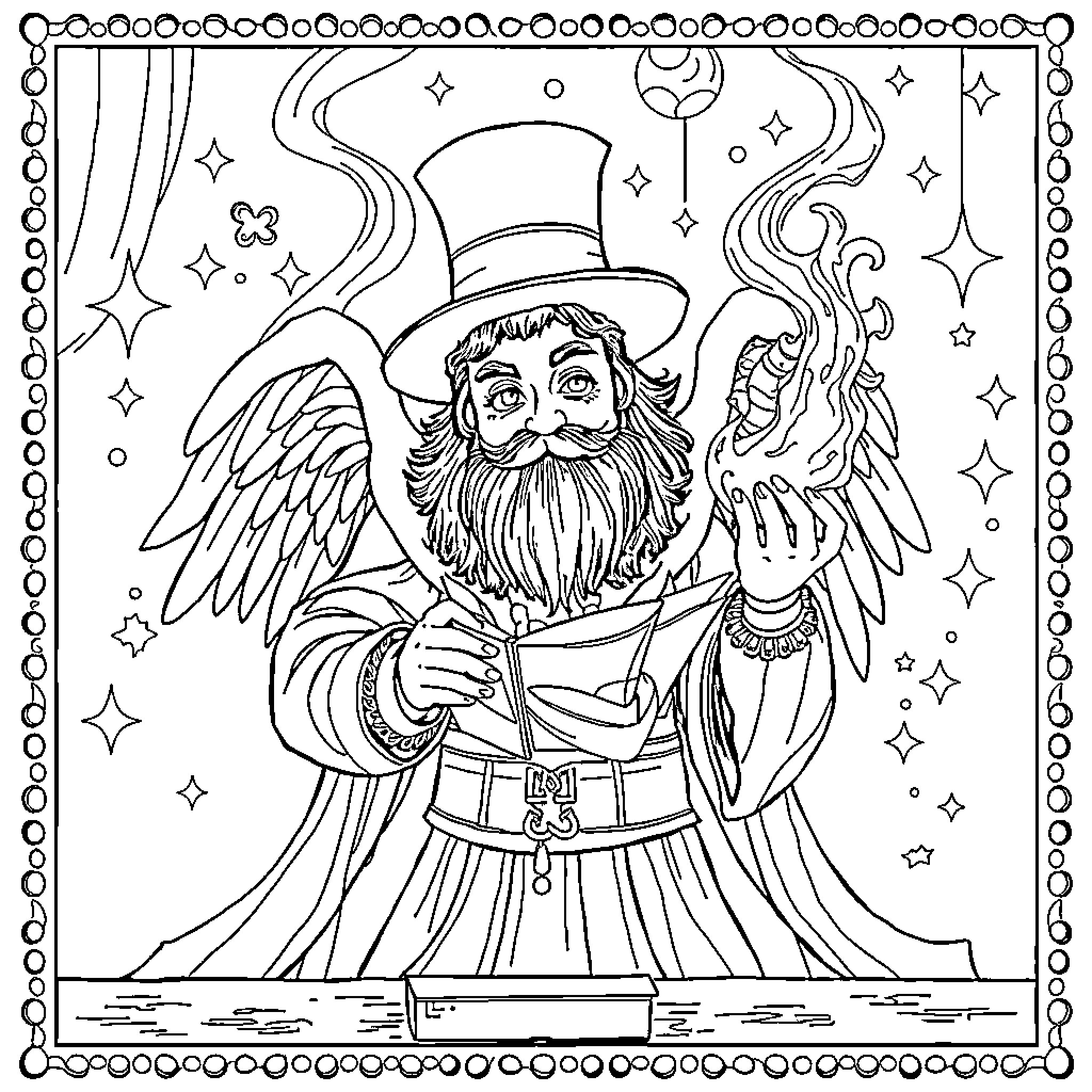 Wednesday Adams Encounters a Fantastical Wizard Coloring Page (free black-and-white line drawing printable PDF for all, from beginners to advanced learners, including children, teens, adults, and seniors)