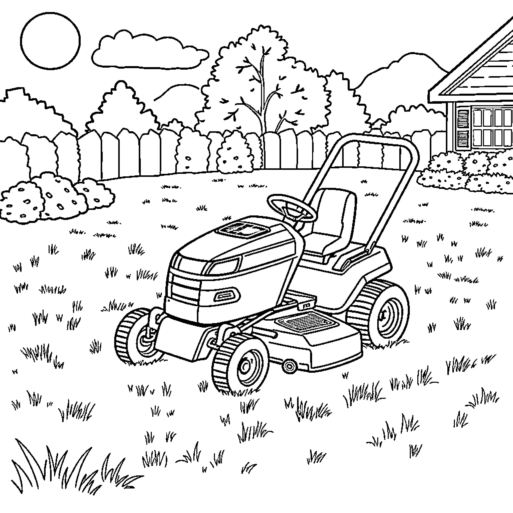 Mower cutting grass in a suburban backyard Coloring Page (free black-and-white line drawing printable PDF for all, from beginners to advanced learners, including children, teens, adults, and seniors)