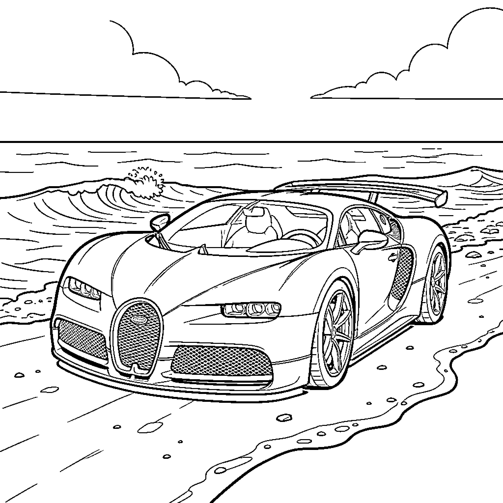 Bugatti supercar on the beach Coloring Page (free black-and-white line drawing printable PDF for all, from beginners to advanced learners, including children, teens, adults, and seniors)
