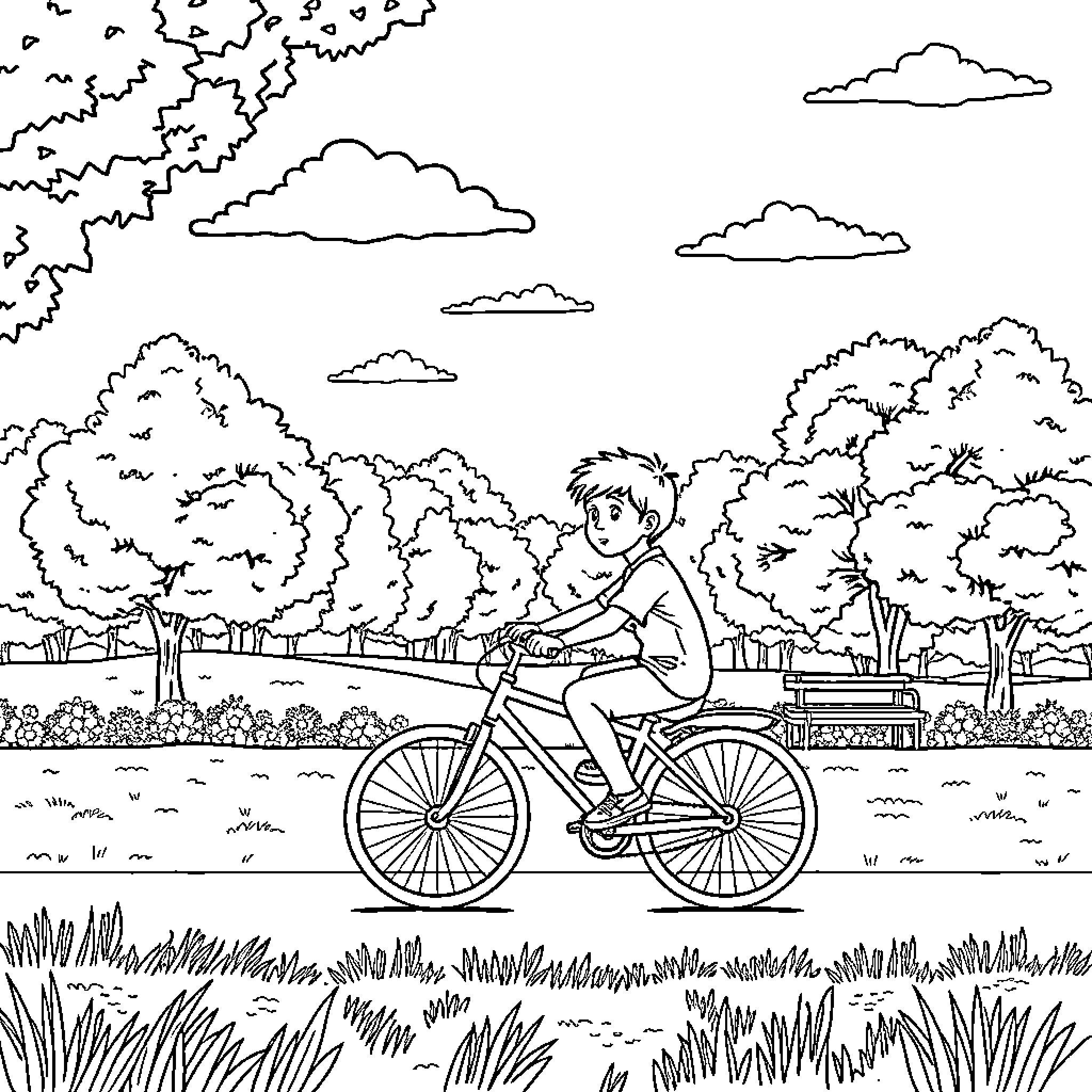 Boy Riding Bicycle Through Park Landscape Coloring Page (free black-and-white line drawing printable PDF for all, from beginners to advanced learners, including children, teens, adults, and seniors)
