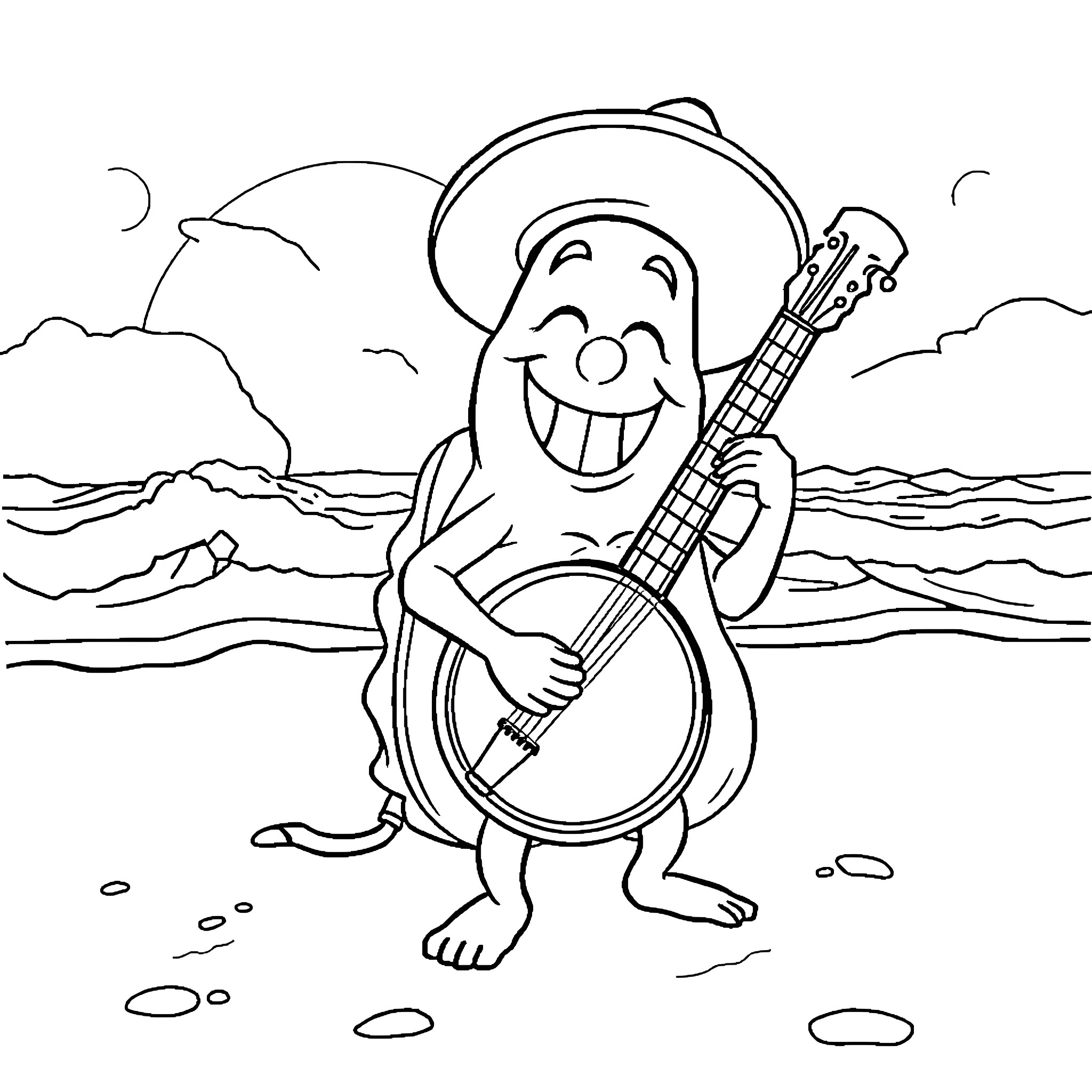 Taco playing guitar on the beach Coloring Page (free black-and-white line drawing printable PDF for all, from beginners to advanced learners, including children, teens, adults, and seniors)