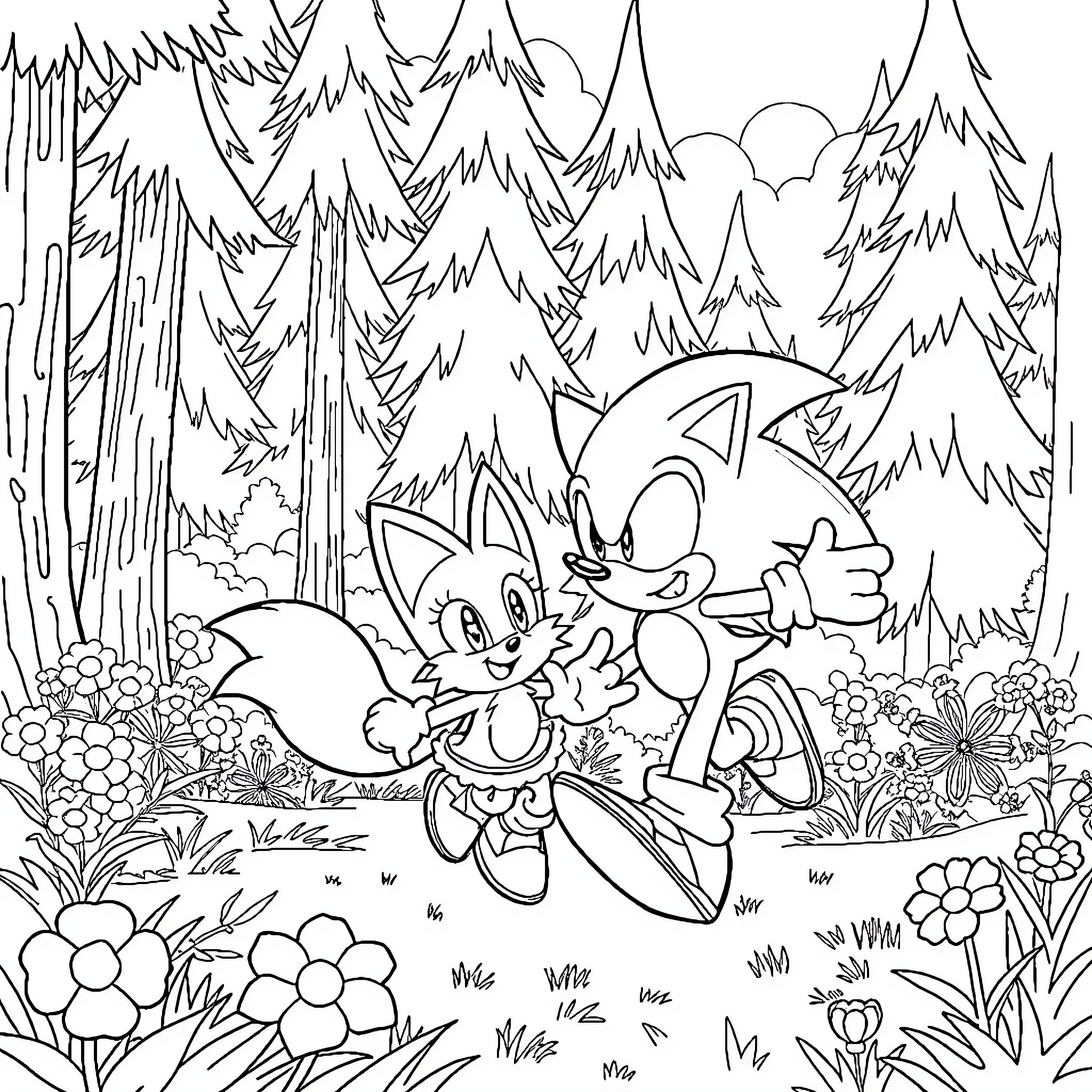 Sonic and Friends Explore the Enchanted Forest Coloring Page (free black-and-white line drawing printable PDF for all, from beginners to advanced learners, including children, teens, adults, and seniors)