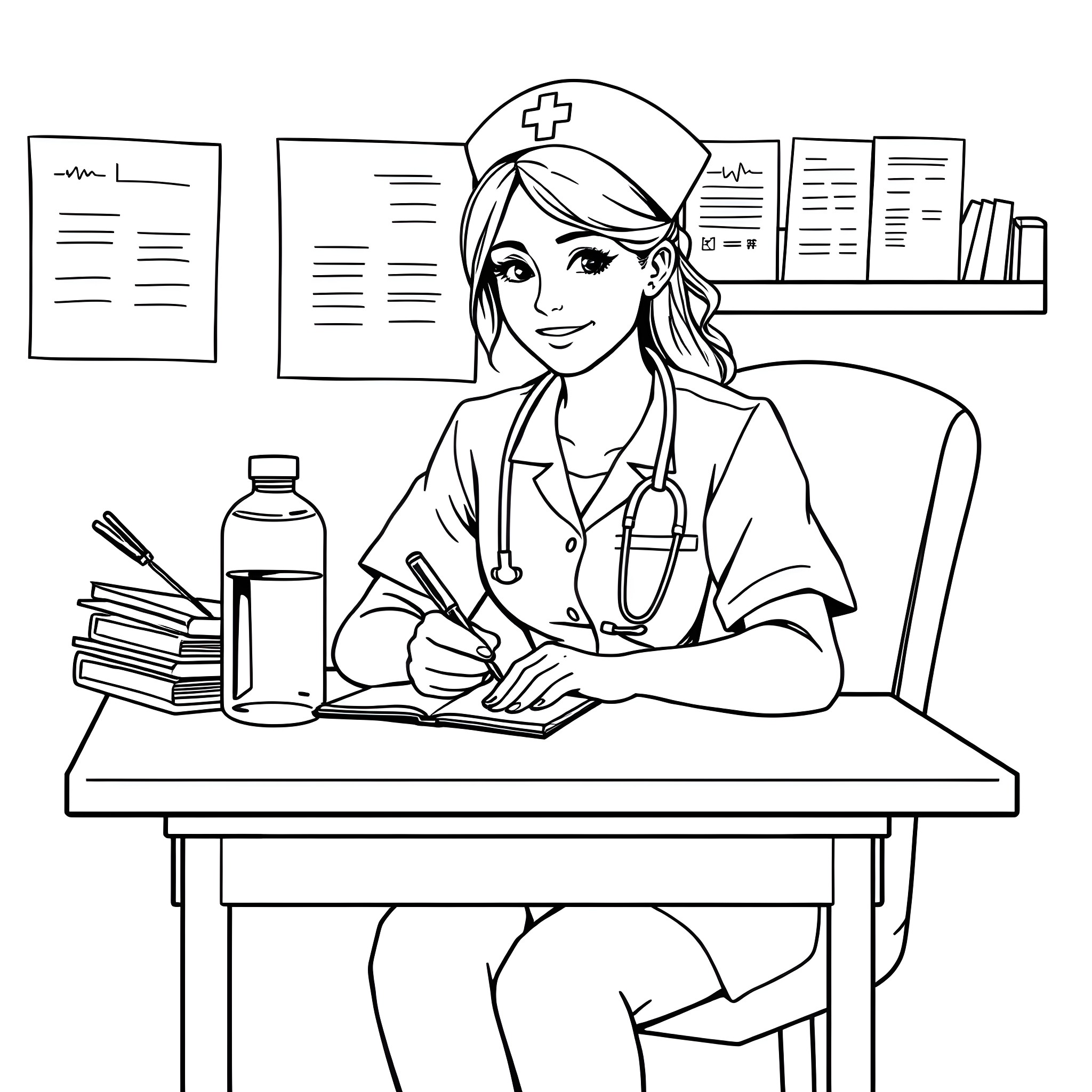 Nurse Working Diligently at her Desk Coloring Page (free black-and-white line drawing printable PDF for all, from beginners to advanced learners, including children, teens, adults, and seniors)