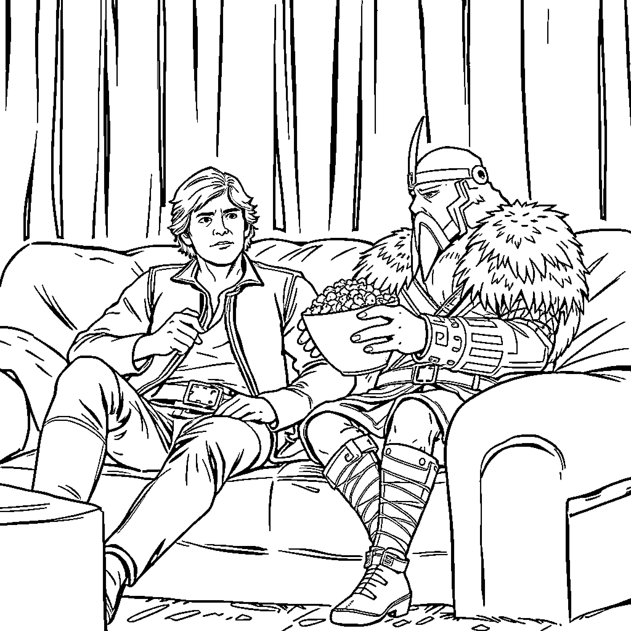 Han Solo and Chewbacca relax in the forest Coloring Page (free black-and-white line drawing printable PDF for all, from beginners to advanced learners, including children, teens, adults, and seniors)