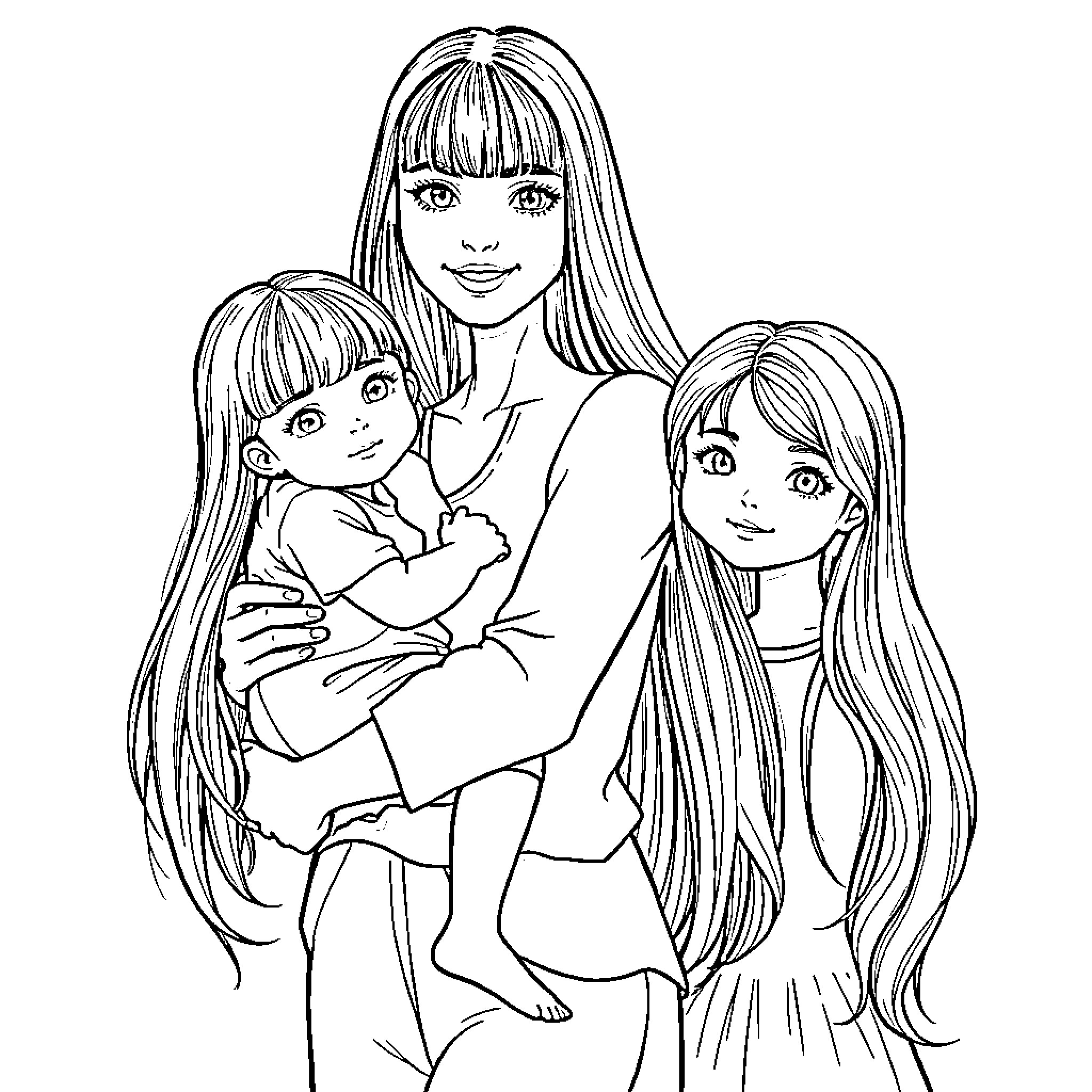 Mom and her daughters spending time together Coloring Page (free black-and-white line drawing printable PDF for all, from beginners to advanced learners, including children, teens, adults, and seniors)