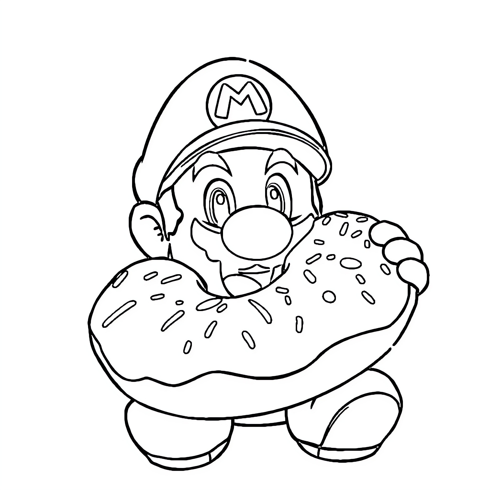 Super Mario Eating a Mushroom Coloring Page (free black-and-white line drawing printable PDF for all, from beginners to advanced learners, including children, teens, adults, and seniors)