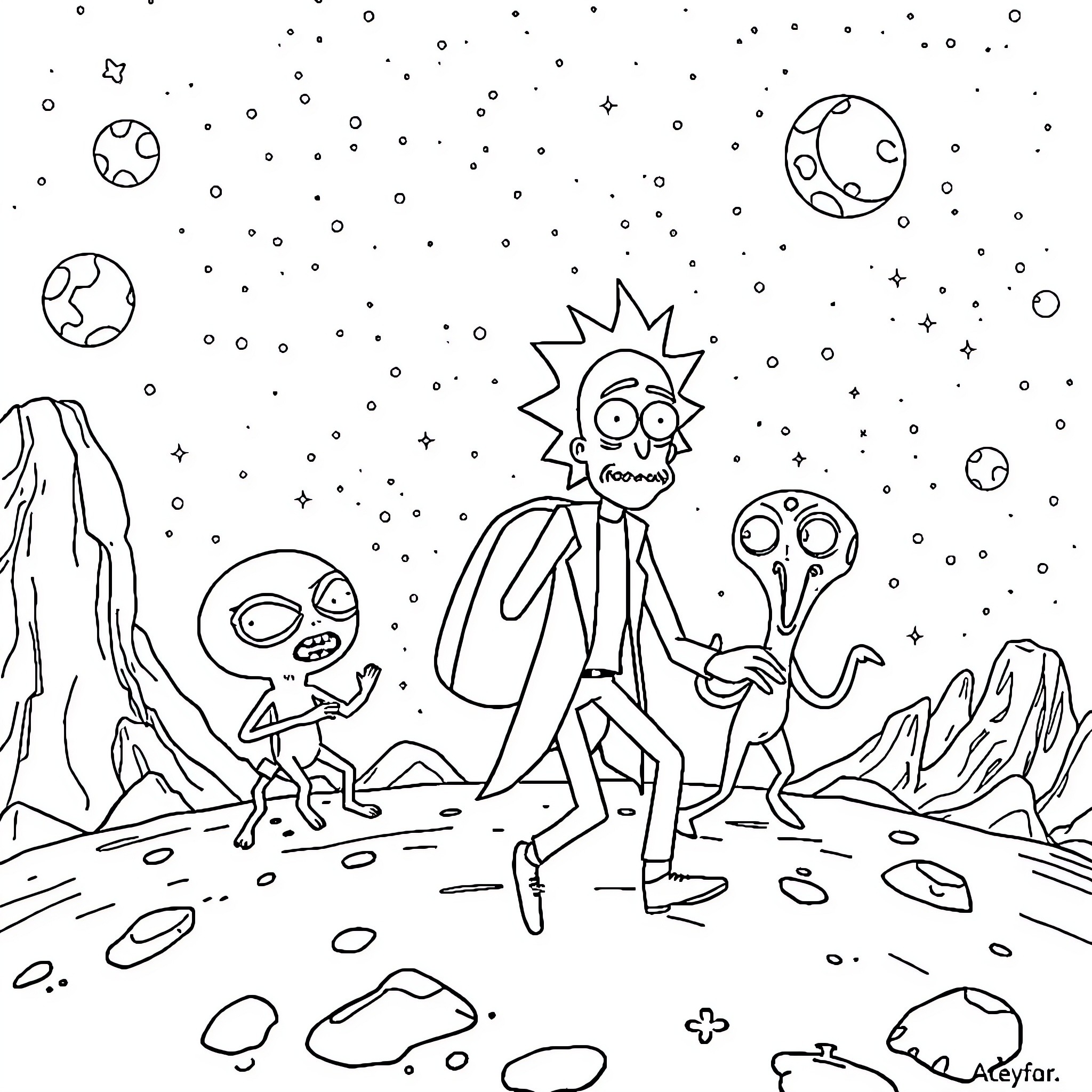 Rick And Morty explore an alien planet with strange creatures Coloring Page (free black-and-white line drawing printable PDF for all, from beginners to advanced learners, including children, teens, adults, and seniors)