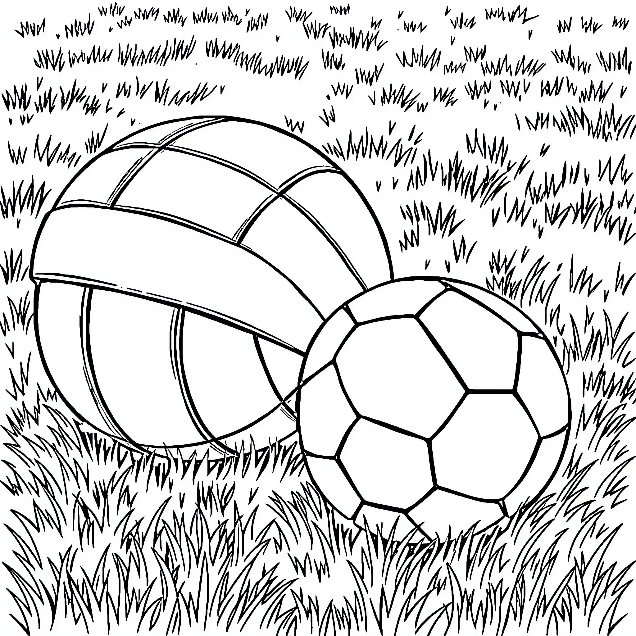 Volleyball game in the grassy field Coloring Page (free black-and-white line drawing printable PDF for all, from beginners to advanced learners, including children, teens, adults, and seniors)