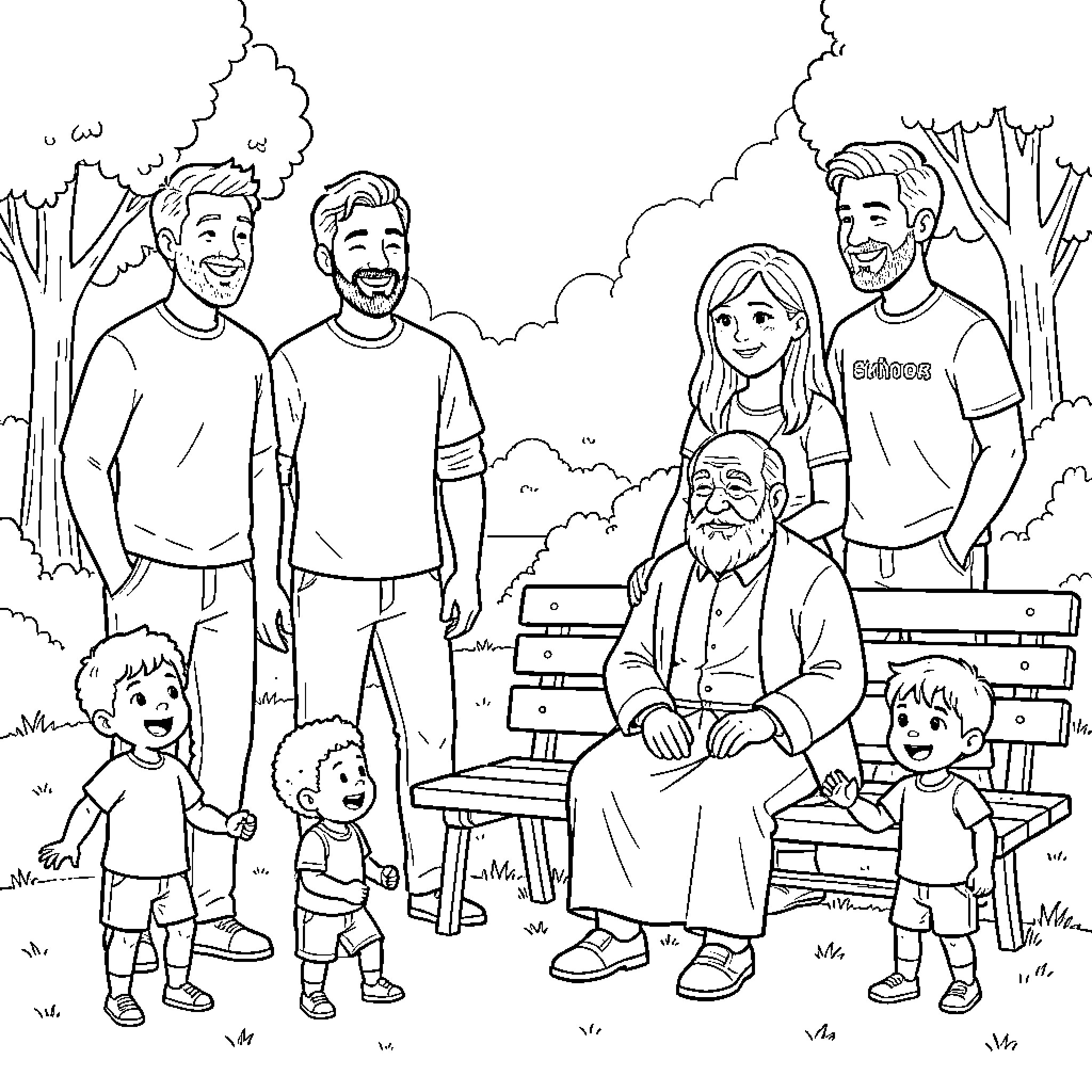 Family Spending Quality Time Together in the Park Coloring Page (free black-and-white line drawing printable PDF for all, from beginners to advanced learners, including children, teens, adults, and seniors)