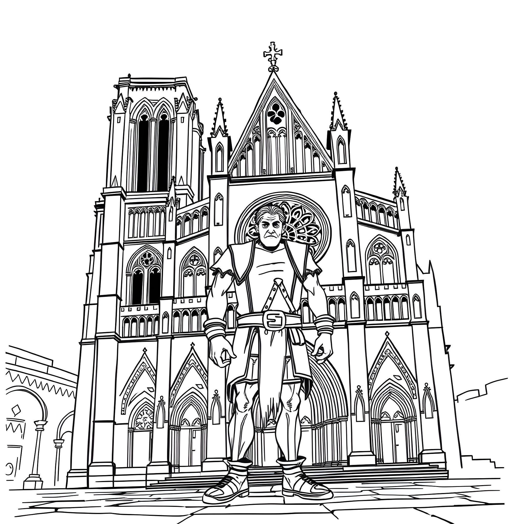 Hunchback praying before Gothic cathedral Coloring Page (free black-and-white line drawing printable PDF for all, from beginners to advanced learners, including children, teens, adults, and seniors)