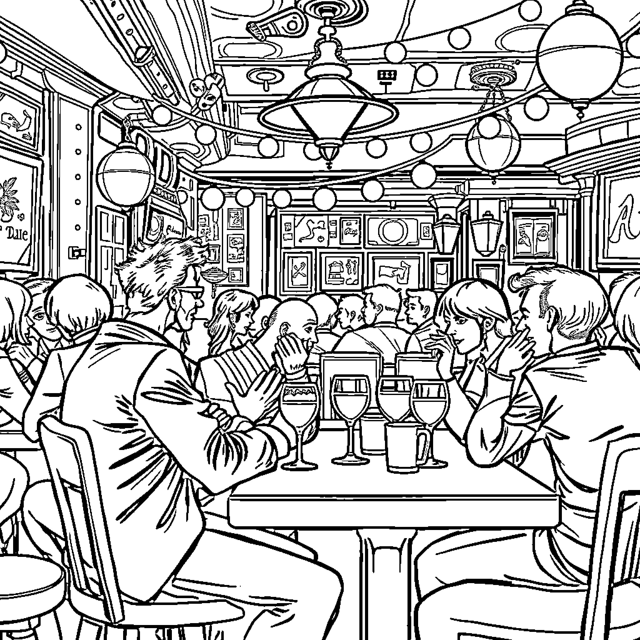 Dwarf Patrons Enjoying Cozy Tavern Atmosphere Coloring Page (free black-and-white line drawing printable PDF for all, from beginners to advanced learners, including children, teens, adults, and seniors)
