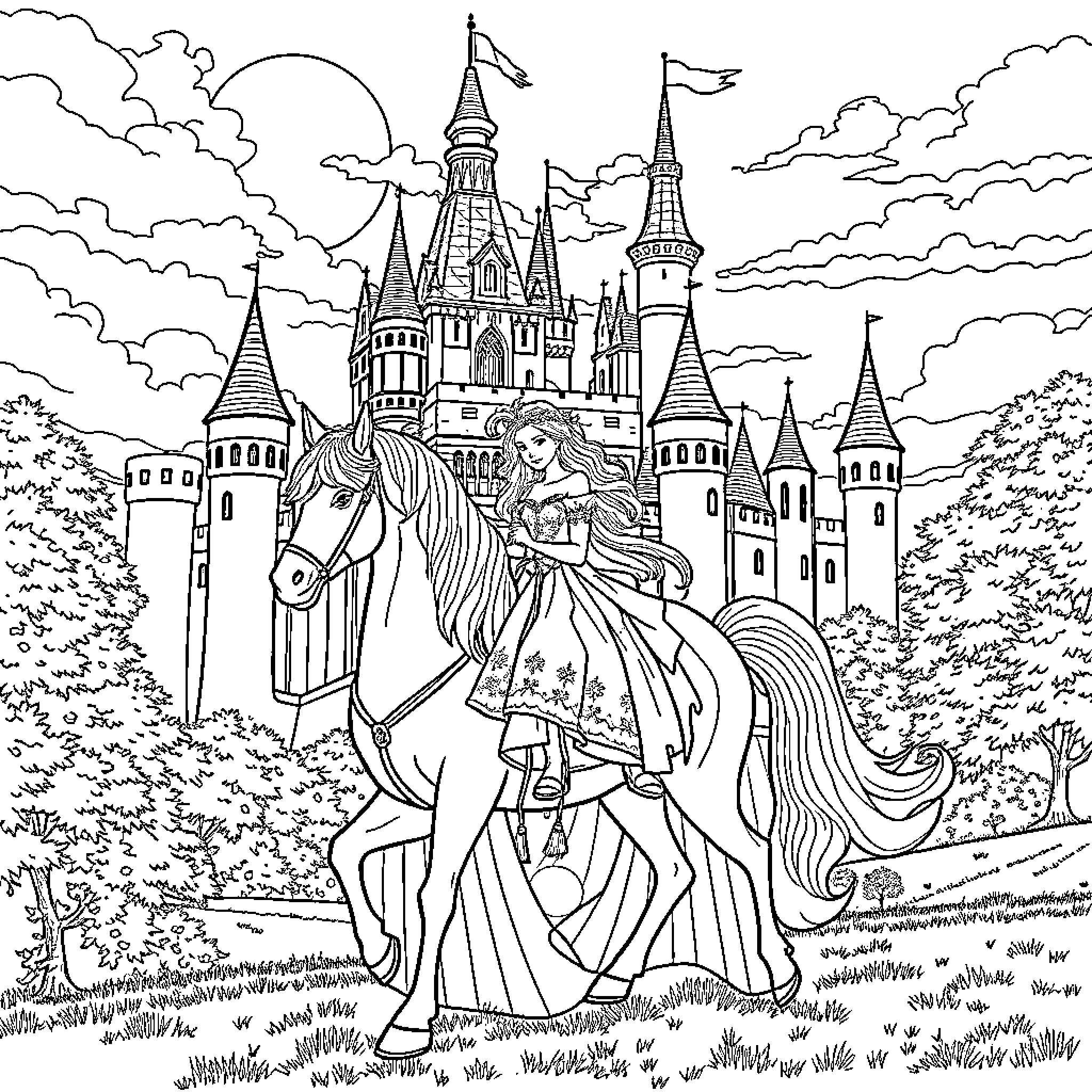 Princess on a Magical Adventure at the Enchanted Castle Coloring Page (free black-and-white line drawing printable PDF for all, from beginners to advanced learners, including children, teens, adults, and seniors)
