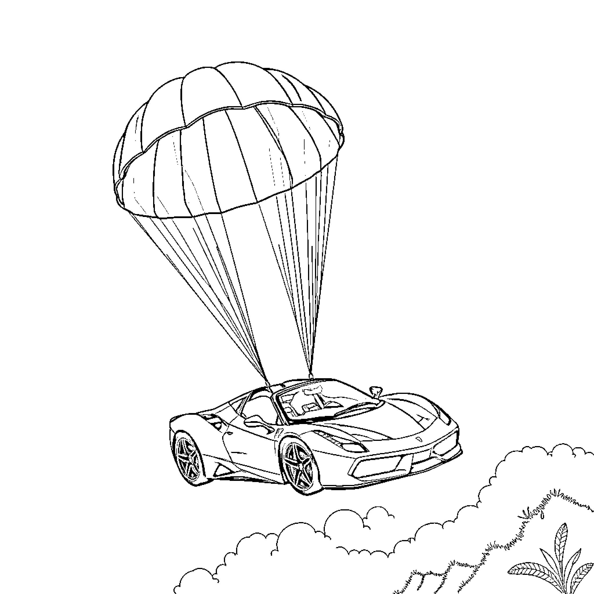 Ferrari sports car descending with parachute Coloring Page (free black-and-white line drawing printable PDF for all, from beginners to advanced learners, including children, teens, adults, and seniors)