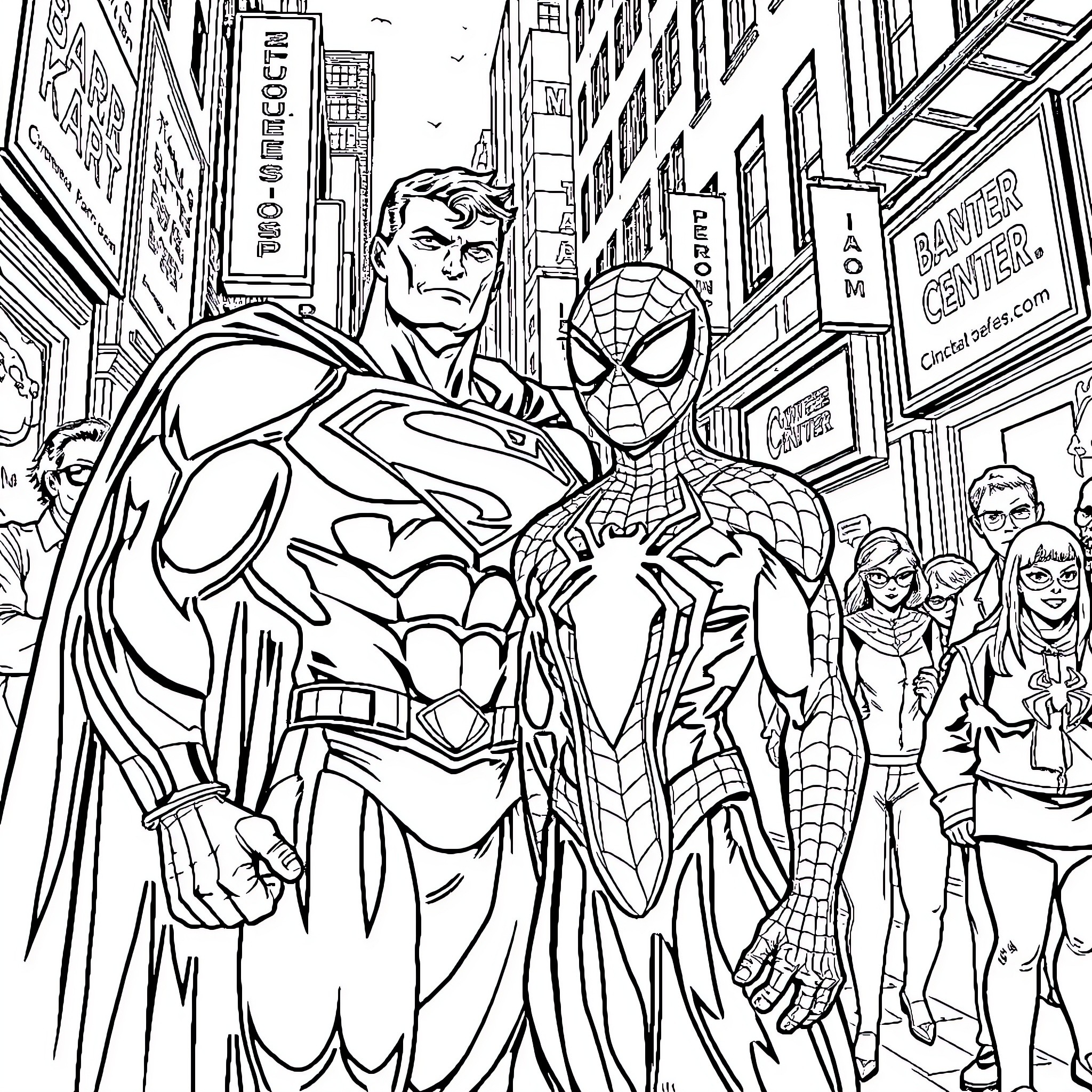 Superman and Spider-Man in a bustling city scene Coloring Page (free black-and-white line drawing printable PDF for all, from beginners to advanced learners, including children, teens, adults, and seniors)