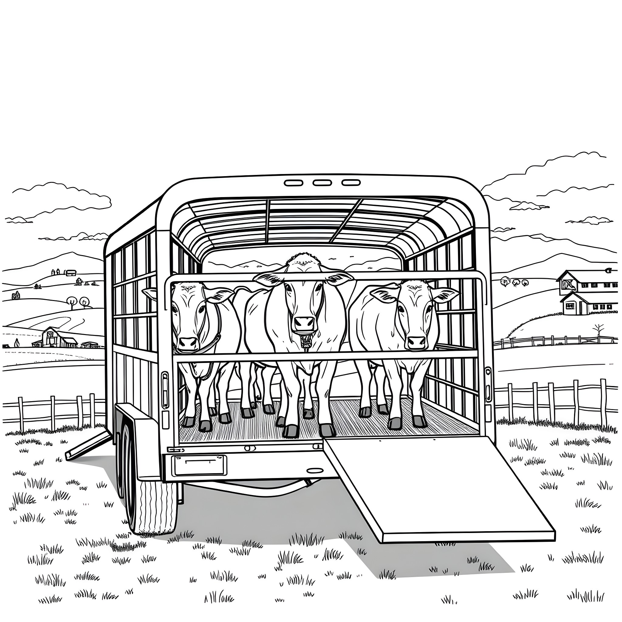 Gooseneck Trailer Transporting Cattle on a Farm Coloring Page (free black-and-white line drawing printable PDF for all, from beginners to advanced learners, including children, teens, adults, and seniors)