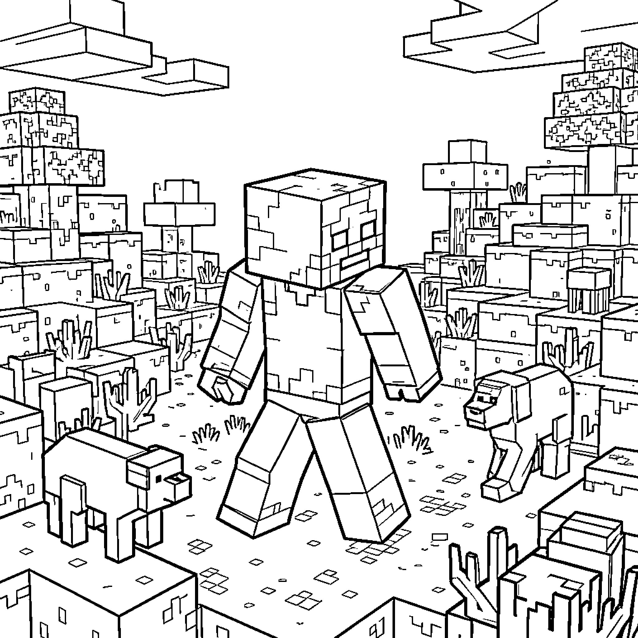 Minecraft Character exploring a vast urban landscape Coloring Page (free black-and-white line drawing printable PDF for all, from beginners to advanced learners, including children, teens, adults, and seniors)