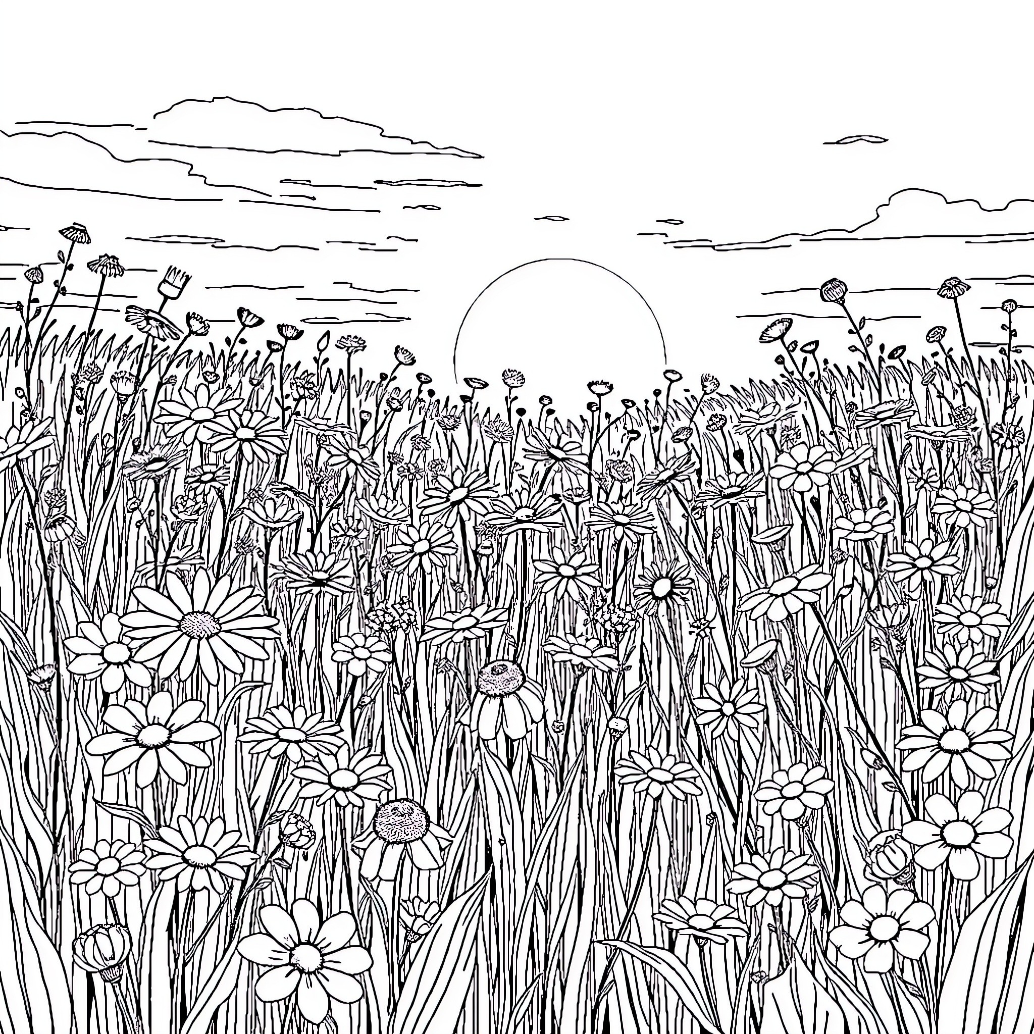 Meadow filled with vibrant wildflowers and lush vegetation Coloring Page (free black-and-white line drawing printable PDF for all, from beginners to advanced learners, including children, teens, adults, and seniors)