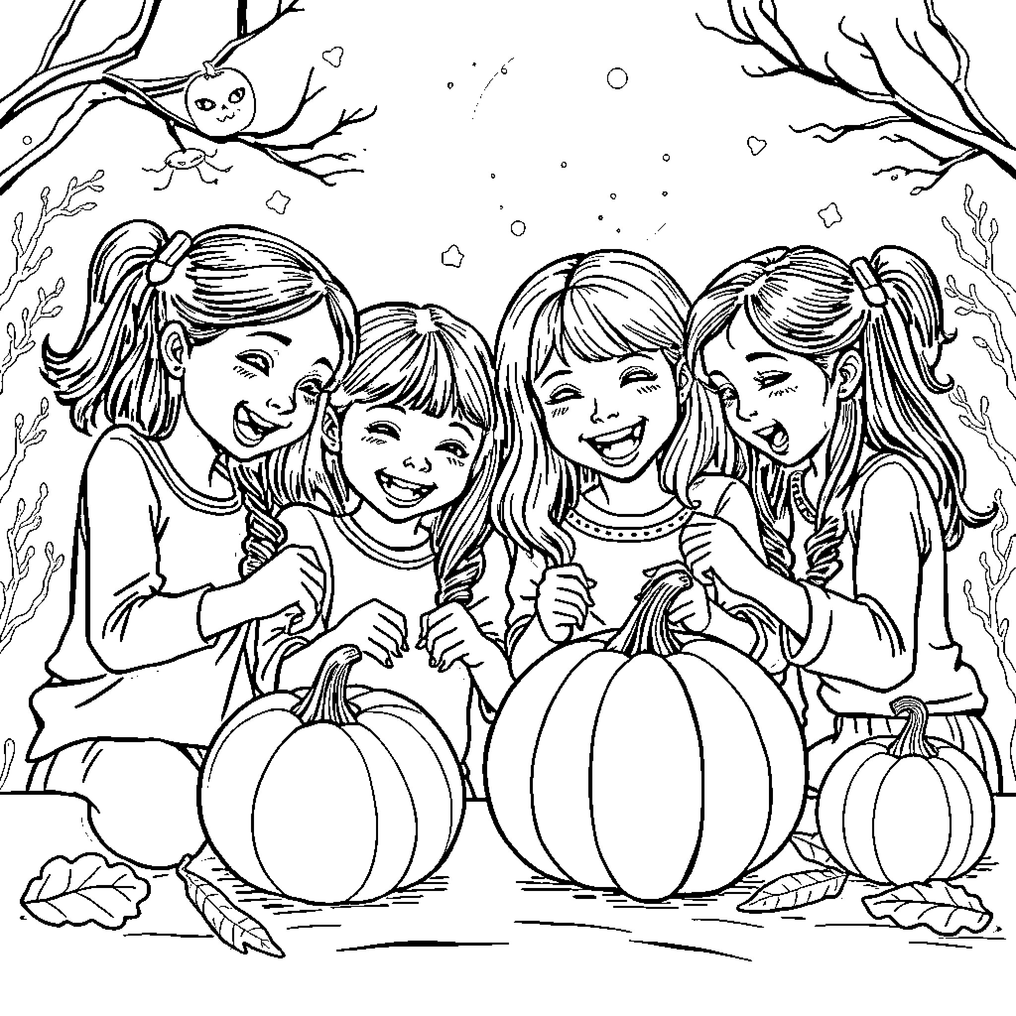 Sisters enjoying pumpkins in the autumn forest Coloring Page (free black-and-white line drawing printable PDF for all, from beginners to advanced learners, including children, teens, adults, and seniors)