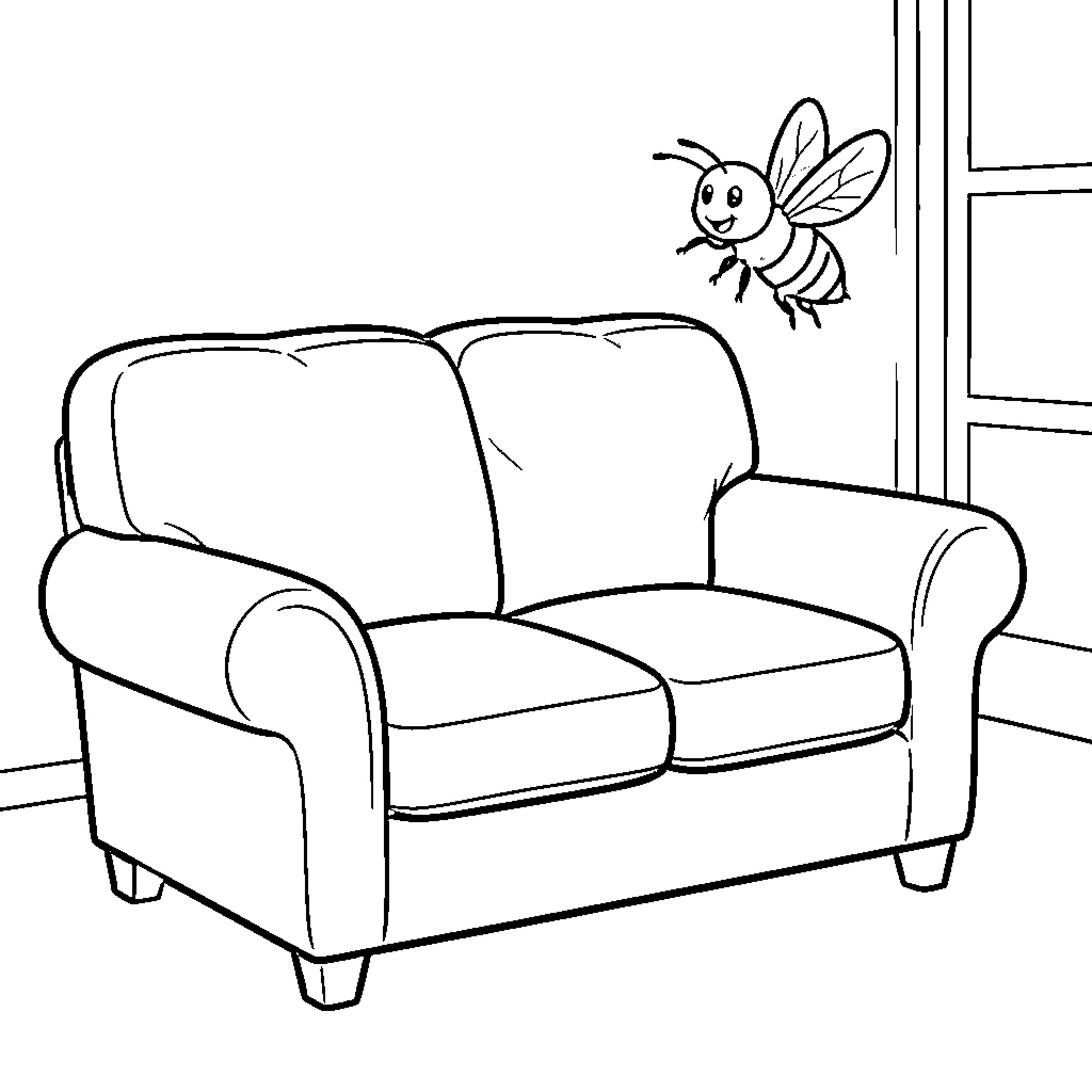 Bee hovering by a cozy sofa Coloring Page (free black-and-white line drawing printable PDF for all, from beginners to advanced learners, including children, teens, adults, and seniors)