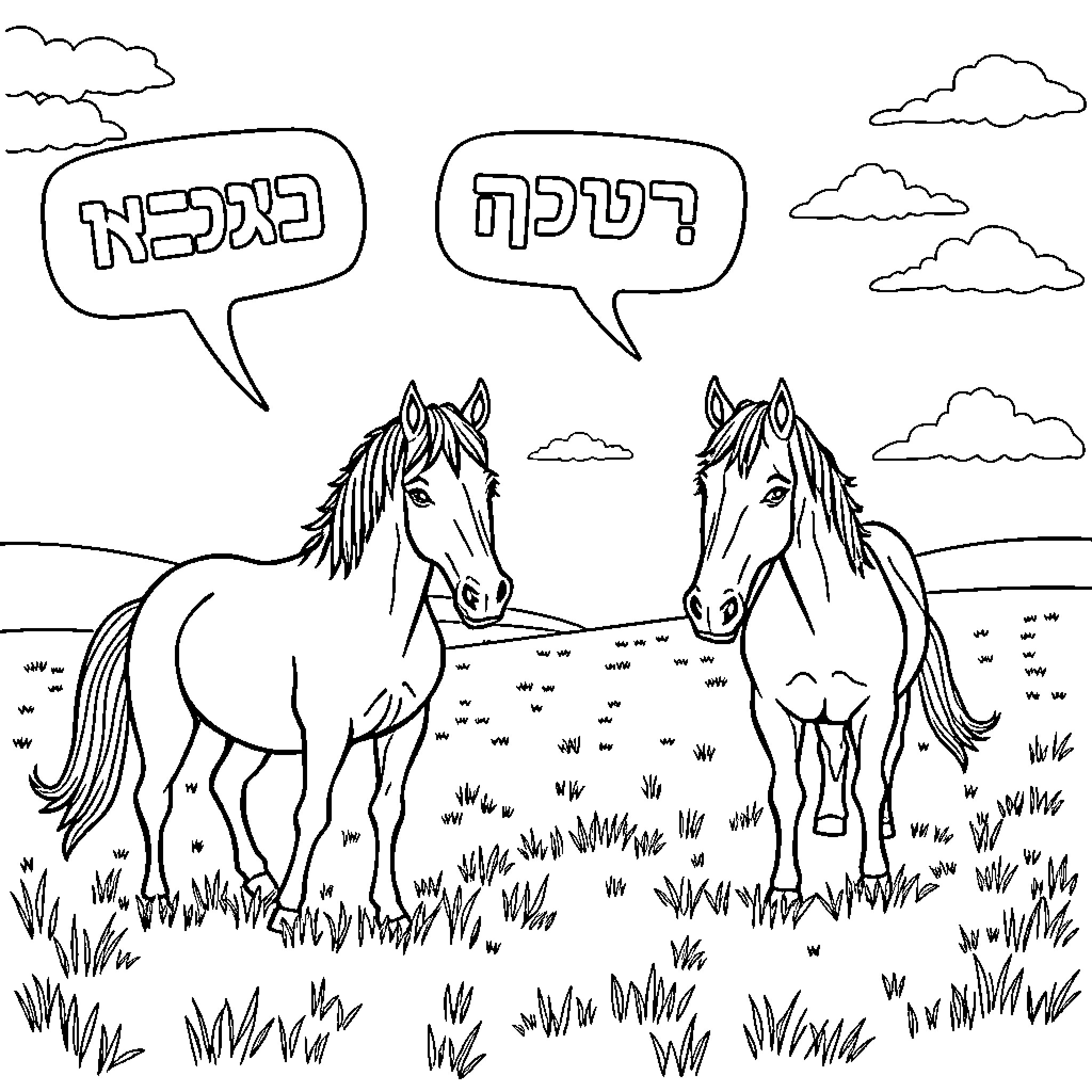 Horse friends conversing in the field Coloring Page (free black-and-white line drawing printable PDF for all, from beginners to advanced learners, including children, teens, adults, and seniors)