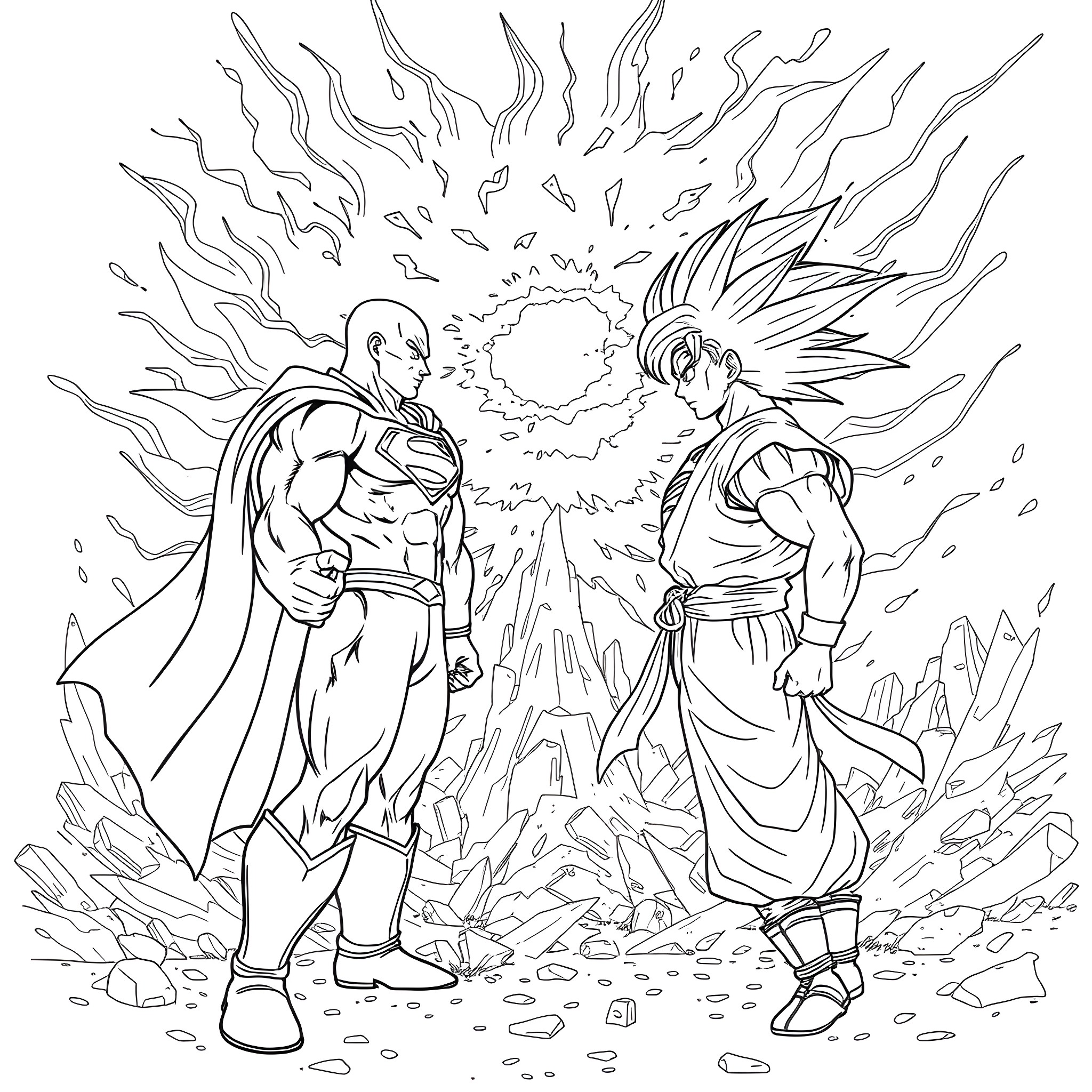 Superman-inspired characters in an epic battle scene Coloring Page (free black-and-white line drawing printable PDF for all, from beginners to advanced learners, including children, teens, adults, and seniors)