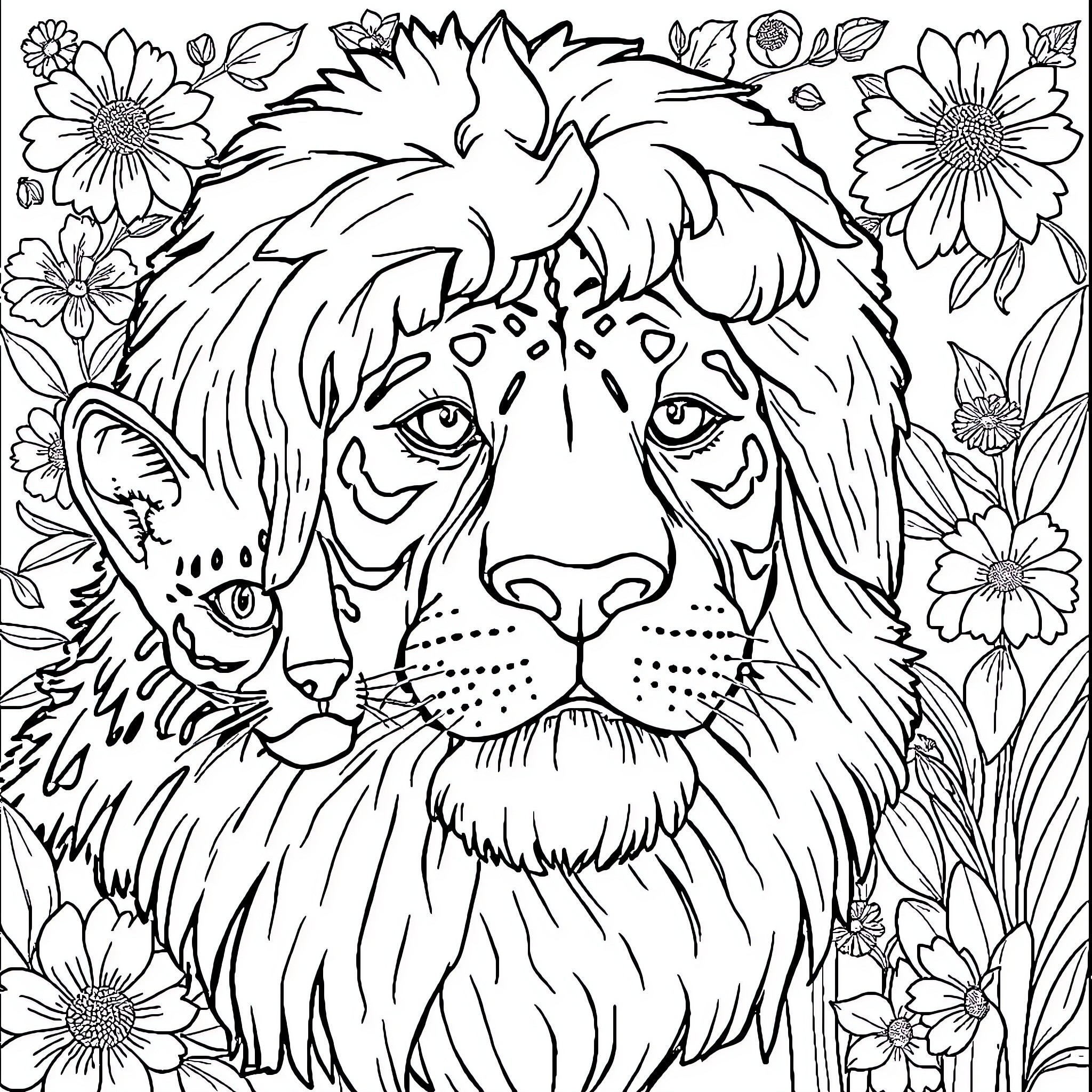 Portrait and Animal Amid Floral Arrangement Coloring Page (free black-and-white line drawing printable PDF for all, from beginners to advanced learners, including children, teens, adults, and seniors)
