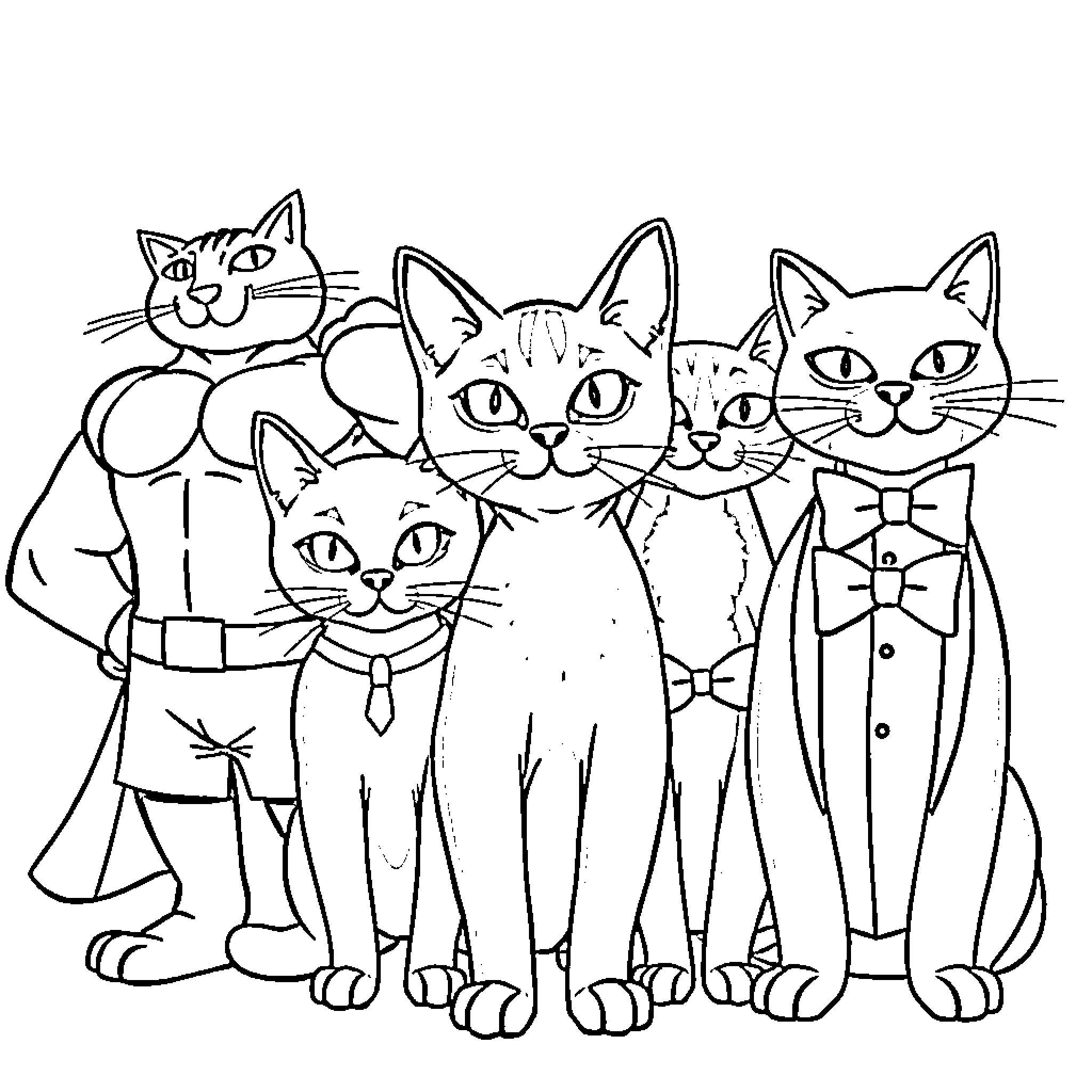 Cats in Stylish Attire Coloring Page (free black-and-white line drawing printable PDF for all, from beginners to advanced learners, including children, teens, adults, and seniors)