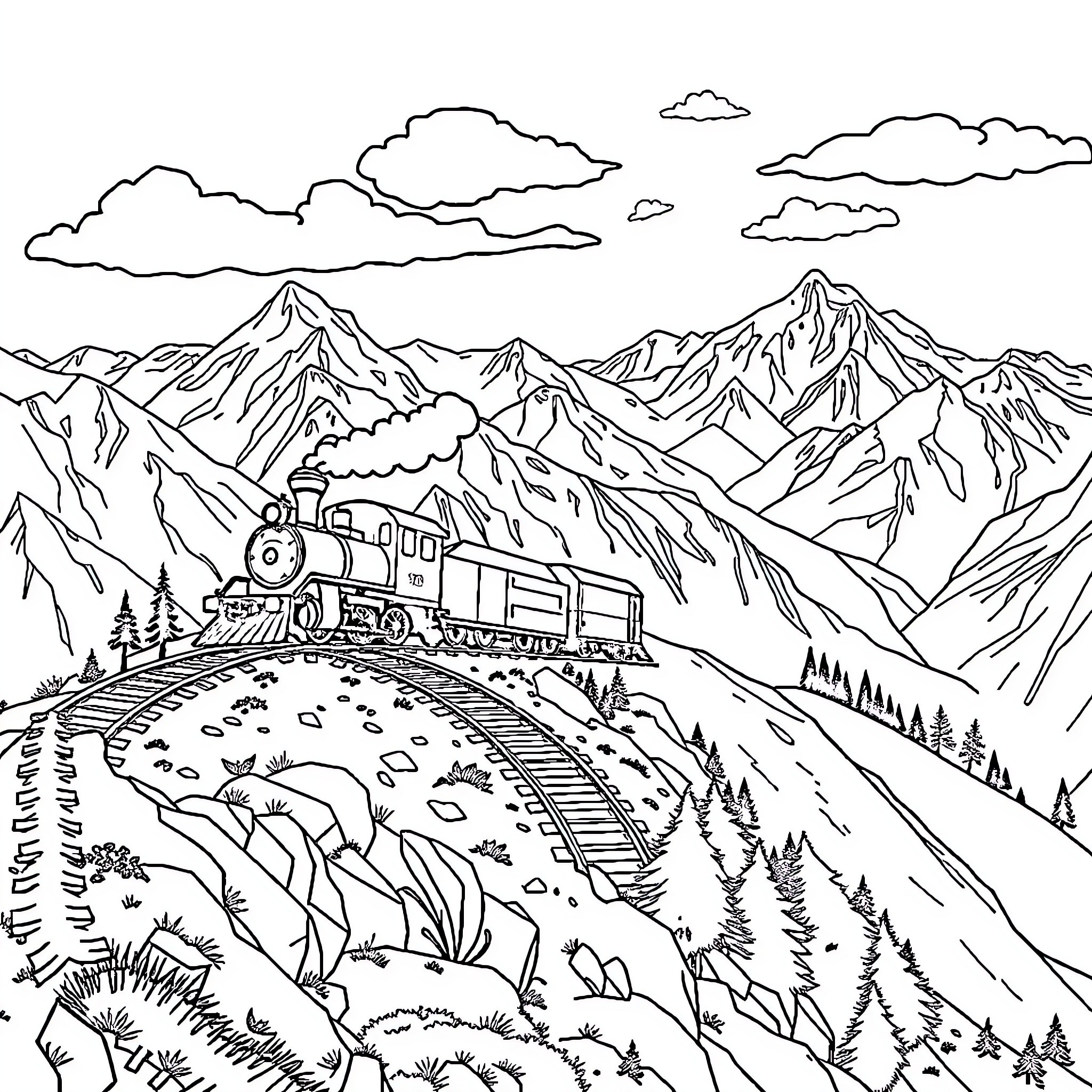Train Traversing Majestic Mountain Landscape Coloring Page (free black-and-white line drawing printable PDF for all, from beginners to advanced learners, including children, teens, adults, and seniors)