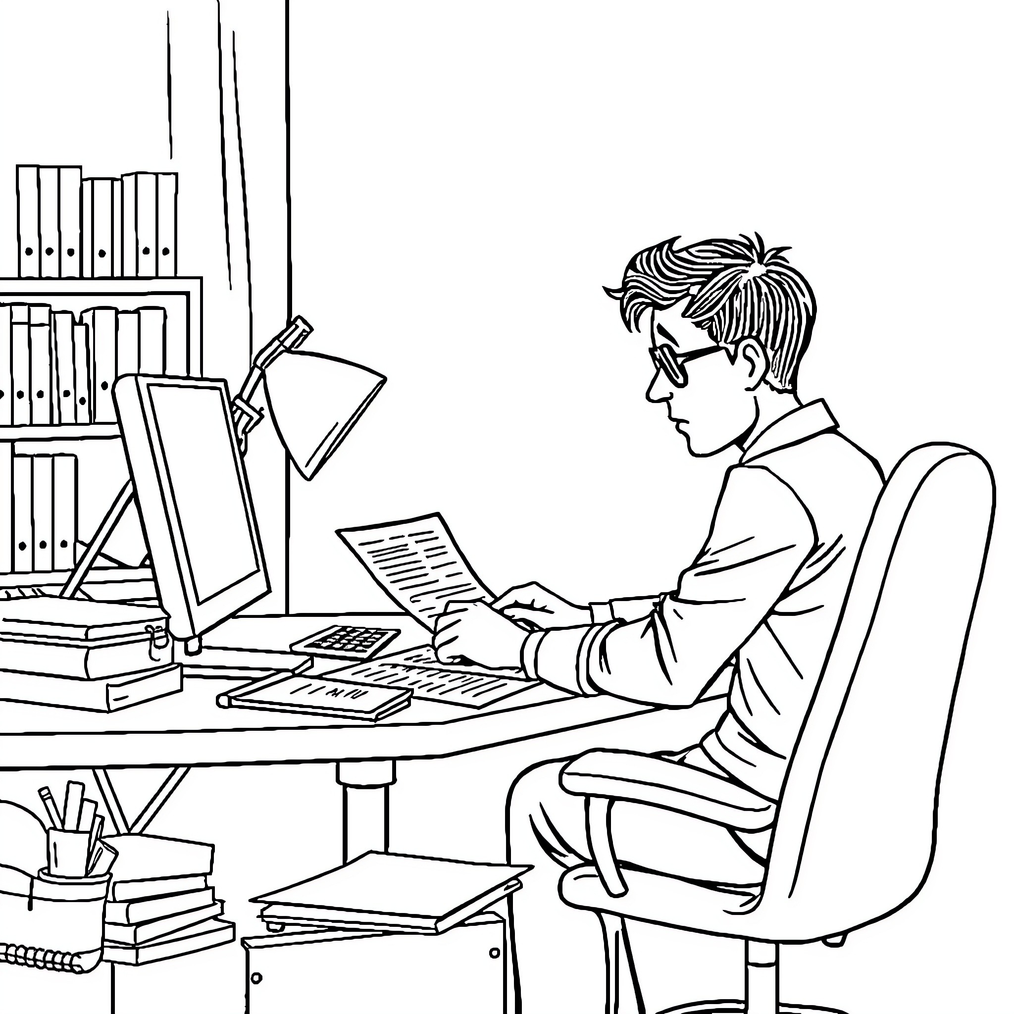 Accountant working diligently at computer in office Coloring Page (free black-and-white line drawing printable PDF for all, from beginners to advanced learners, including children, teens, adults, and seniors)