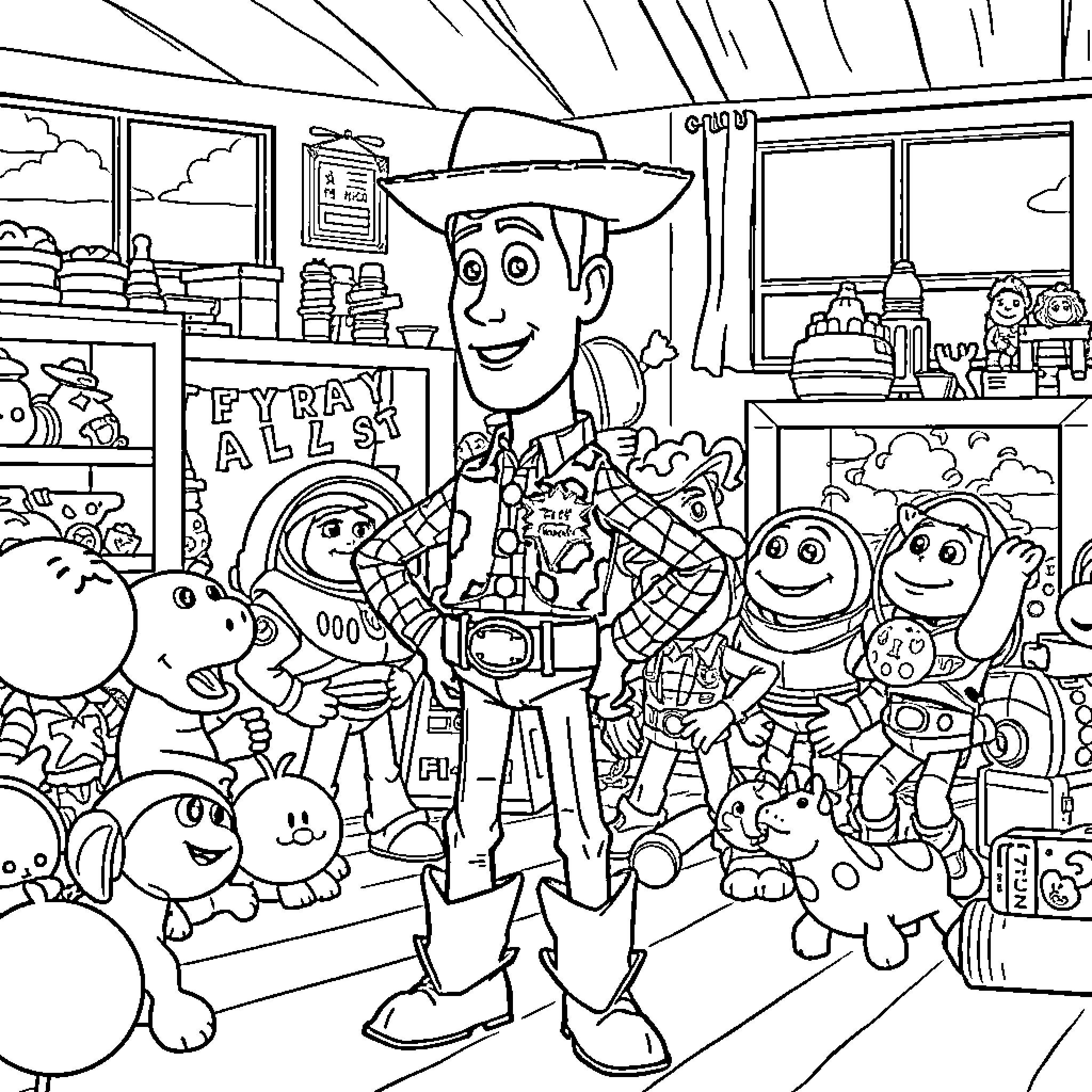 Woody's Crazy Toy Shop Adventure Coloring Page (free black-and-white line drawing printable PDF for all, from beginners to advanced learners, including children, teens, adults, and seniors)