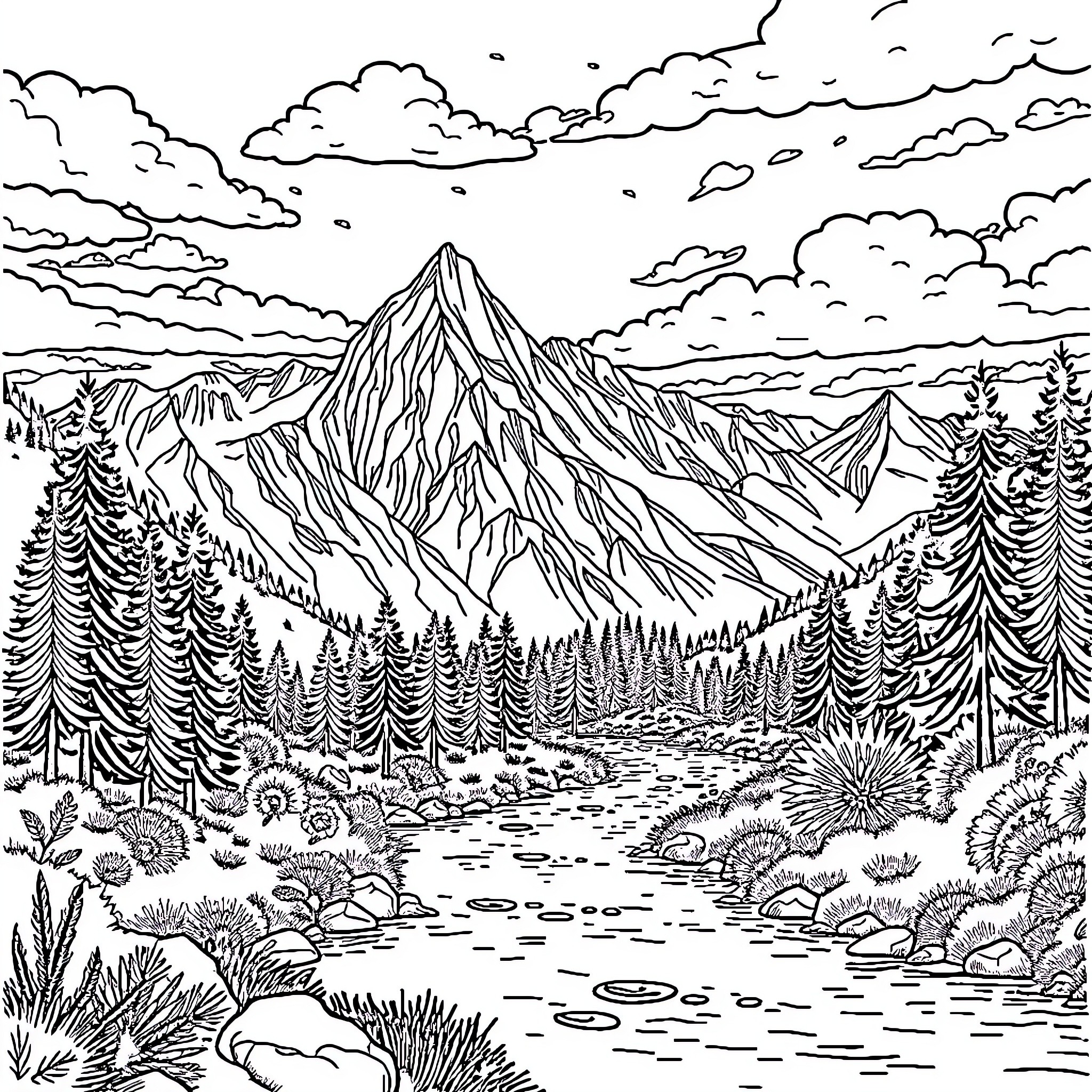 Landscape of majestic mountains and serene forest Coloring Page (free black-and-white line drawing printable PDF for all, from beginners to advanced learners, including children, teens, adults, and seniors)
