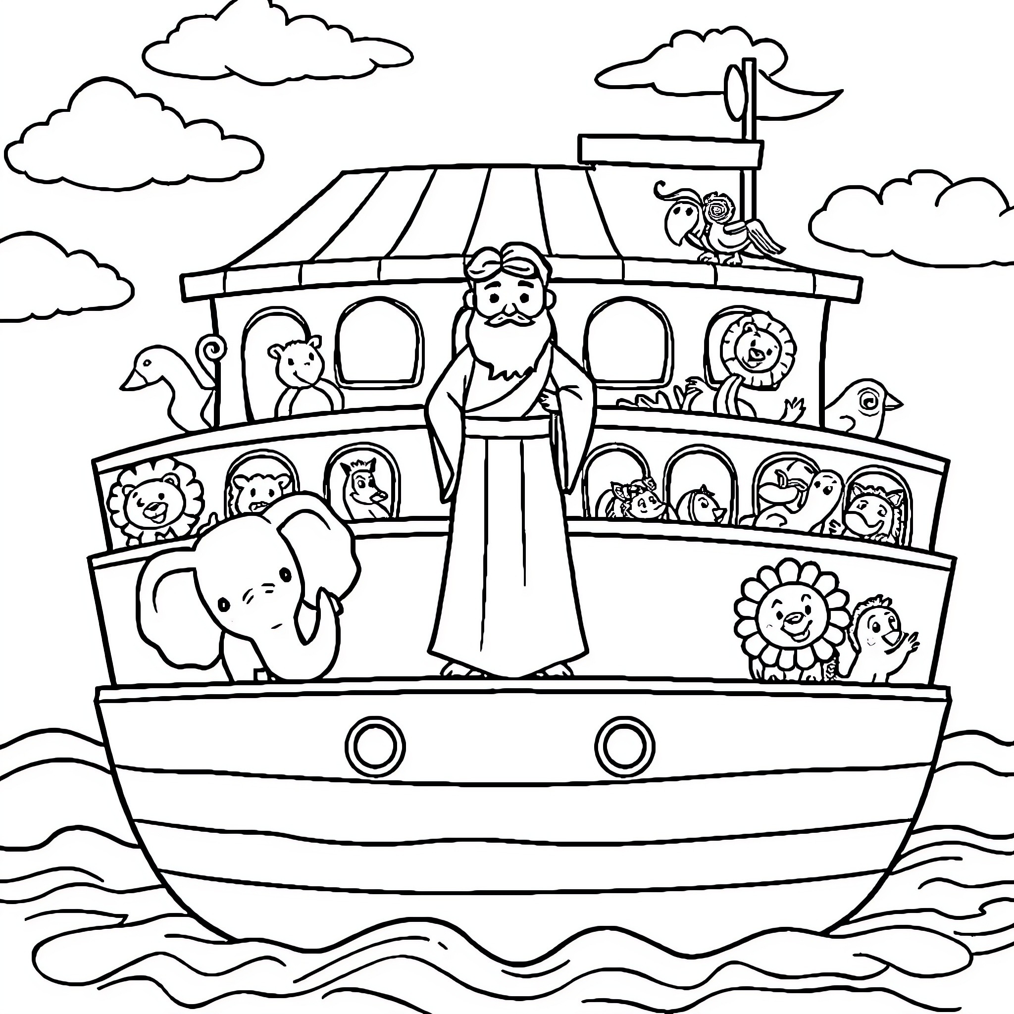 Noah and the animals on the ark Coloring Page (free black-and-white line drawing printable PDF for all, from beginners to advanced learners, including children, teens, adults, and seniors)