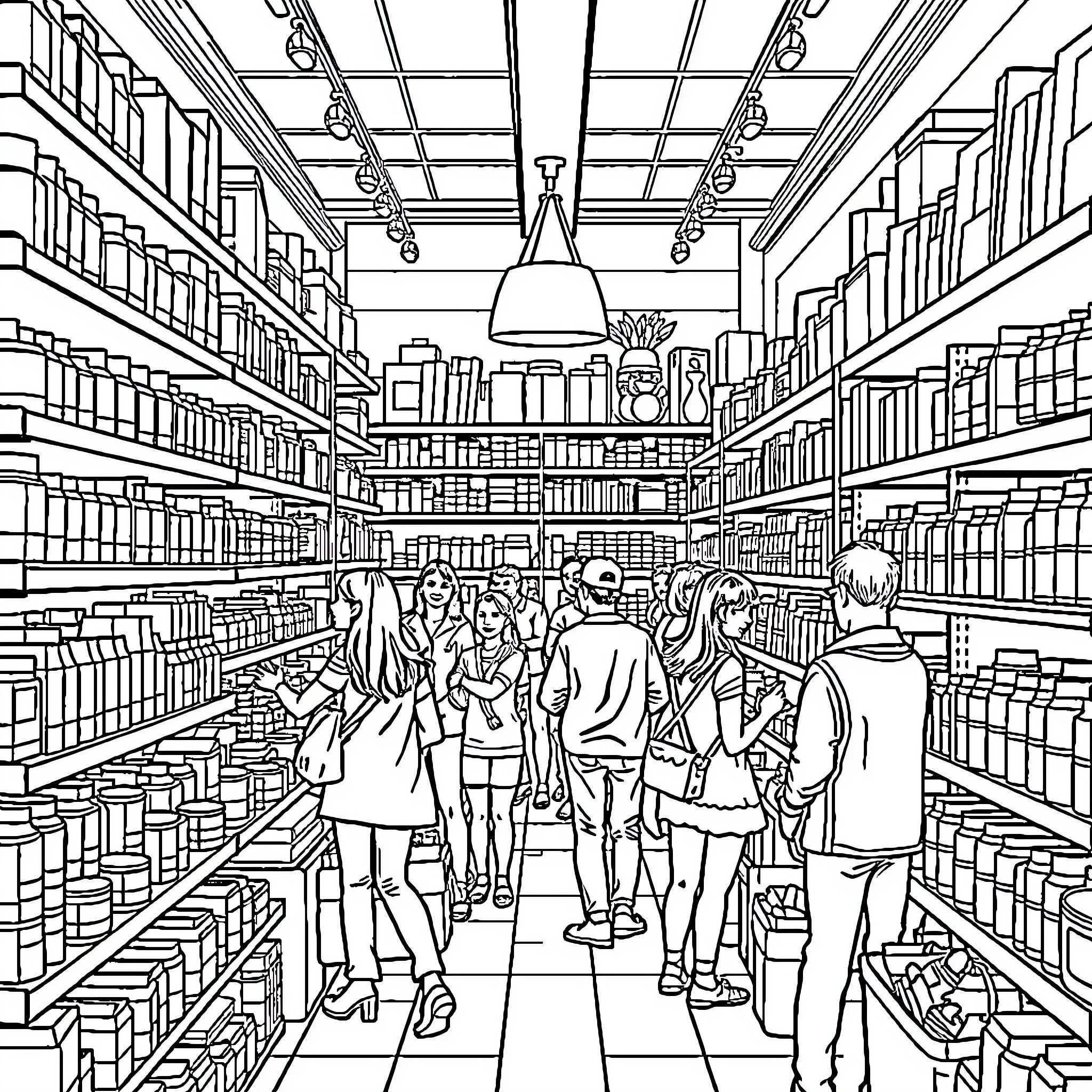 Bookstore Filled with Browsing Customers Coloring Page (free black-and-white line drawing printable PDF for all, from beginners to advanced learners, including children, teens, adults, and seniors)
