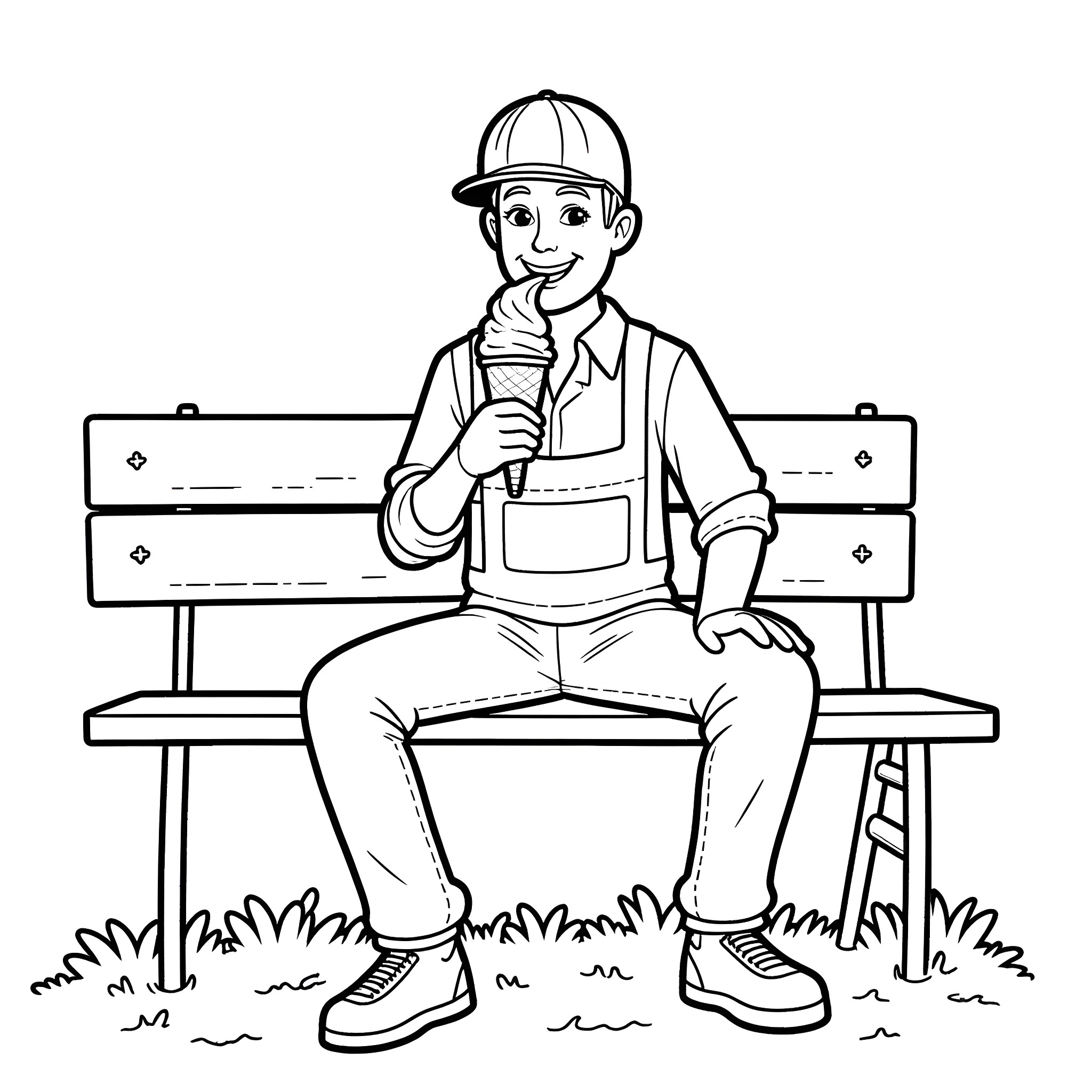 Gravedigger resting on a bench during work Coloring Page (free black-and-white line drawing printable PDF for all, from beginners to advanced learners, including children, teens, adults, and seniors)
