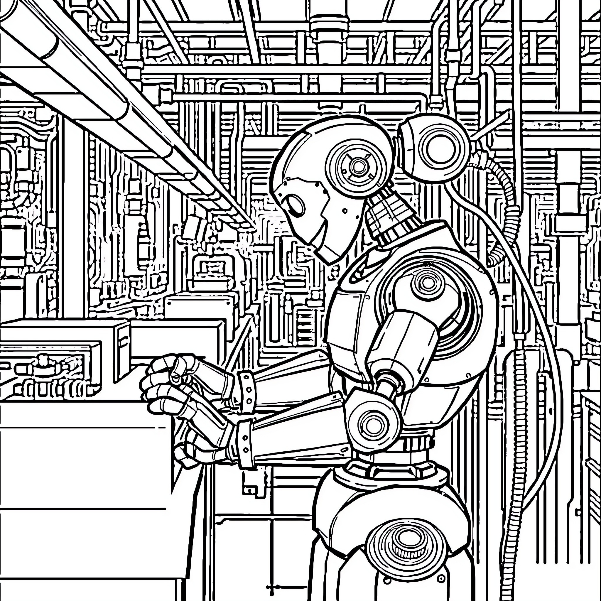 Robot Technician Repairing Futuristic Machinery Coloring Page (free black-and-white line drawing printable PDF for all, from beginners to advanced learners, including children, teens, adults, and seniors)