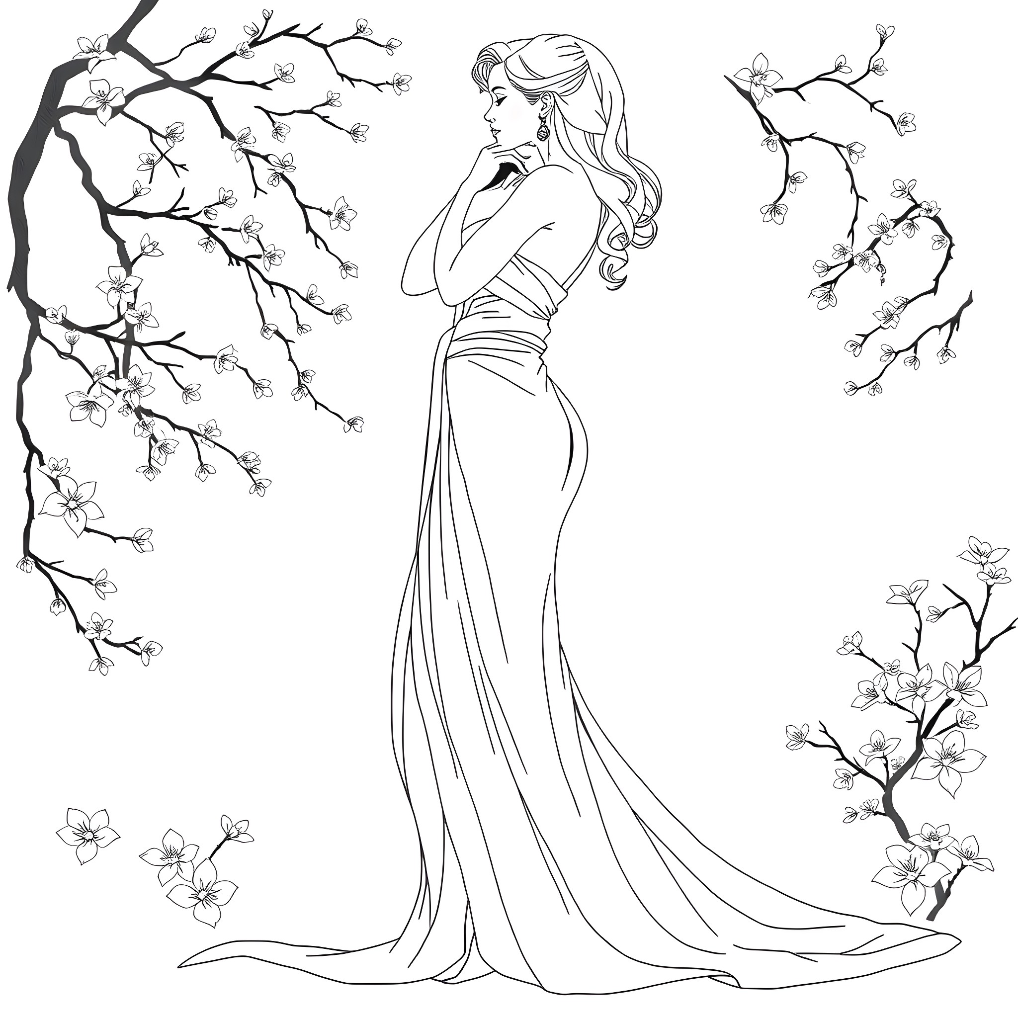 Woman in elegant dress amidst blossoming branches Coloring Page (free black-and-white line drawing printable PDF for all, from beginners to advanced learners, including children, teens, adults, and seniors)