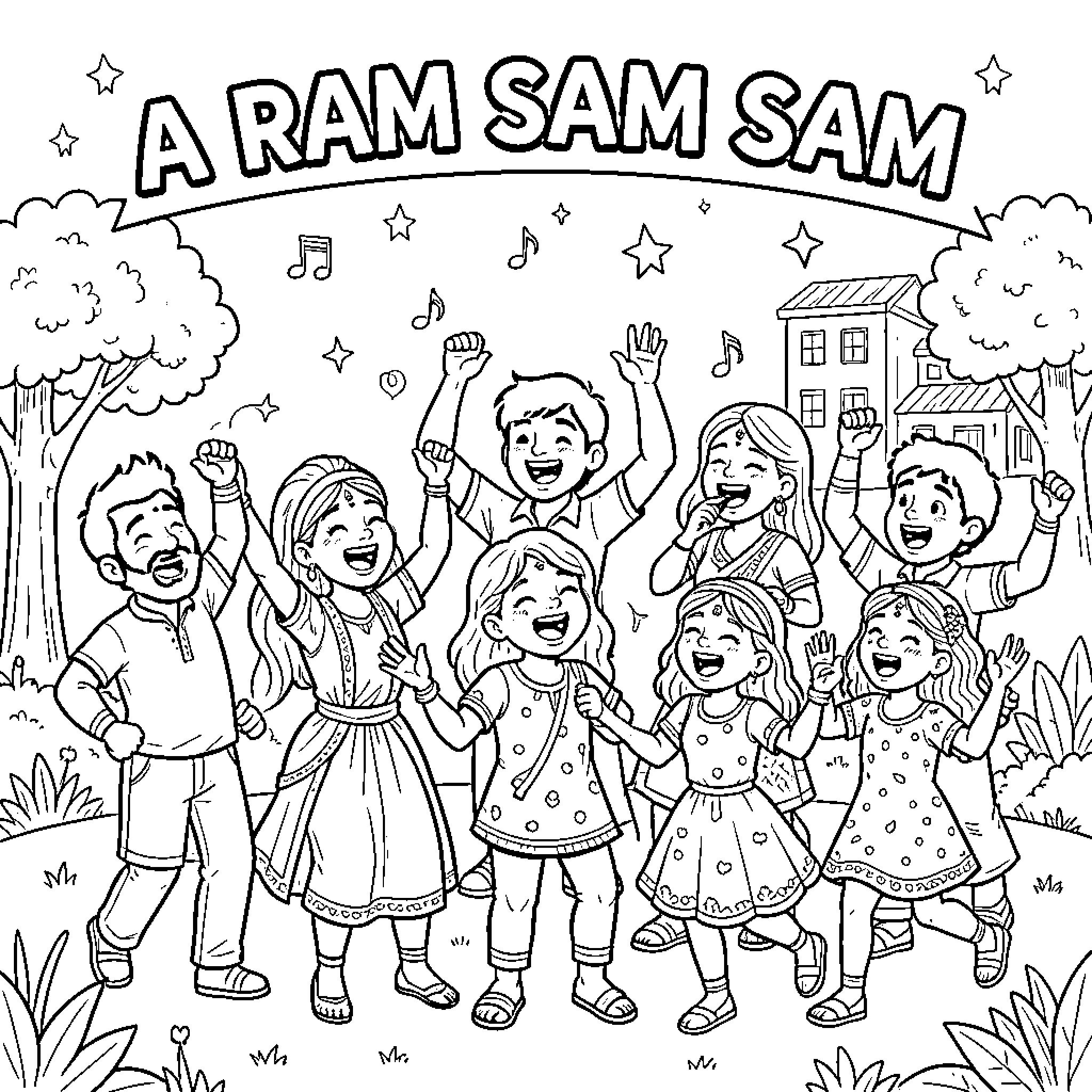 Ram Sam Sam children dancing and celebrating joyfully Coloring Page (free black-and-white line drawing printable PDF for all, from beginners to advanced learners, including children, teens, adults, and seniors)