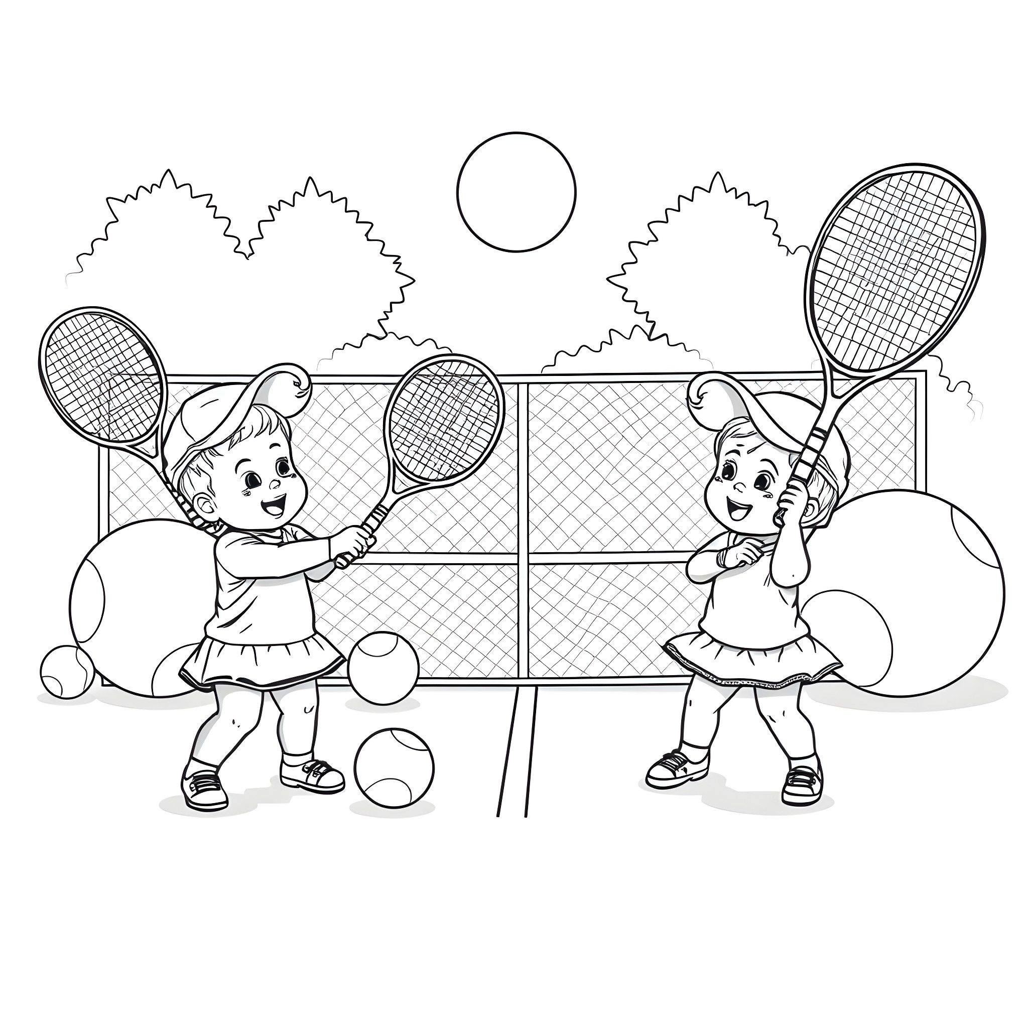 Baby girls playing tennis together Coloring Page (free black-and-white line drawing printable PDF for all, from beginners to advanced learners, including children, teens, adults, and seniors)