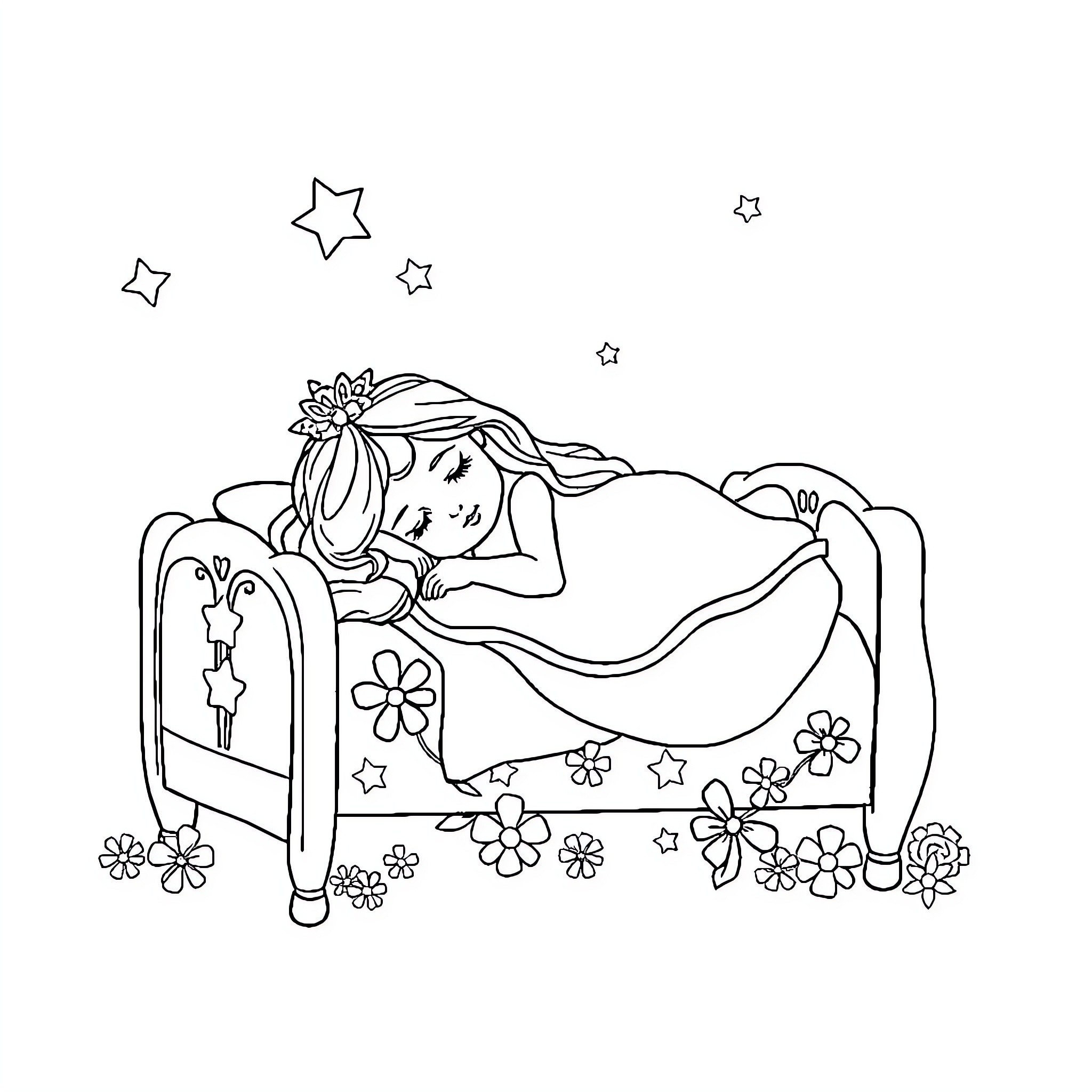 Princess sleeping peacefully under the starry night Coloring Page (free black-and-white line drawing printable PDF for all, from beginners to advanced learners, including children, teens, adults, and seniors)