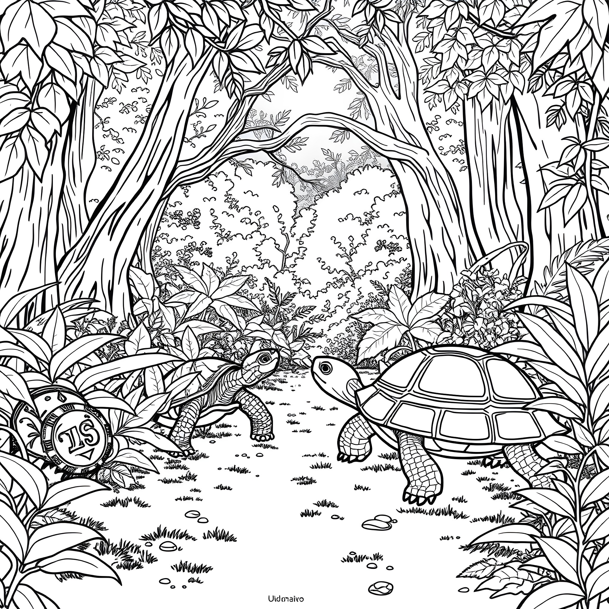 Turtle exploring the lush forest Coloring Page (free black-and-white line drawing printable PDF for all, from beginners to advanced learners, including children, teens, adults, and seniors)