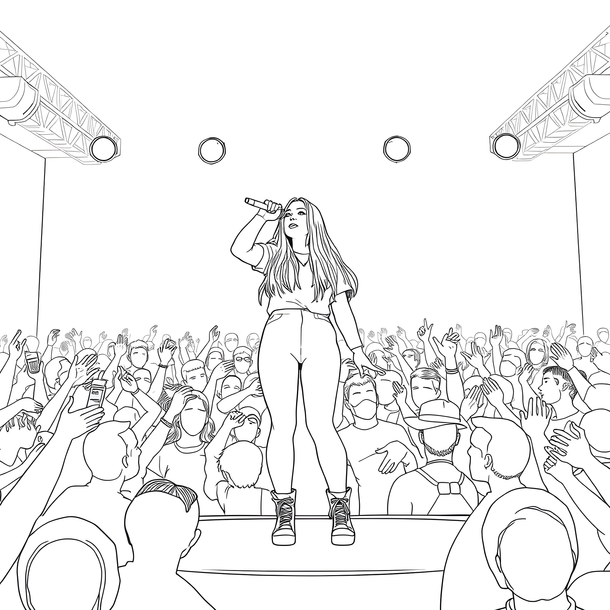 Billie Eilish performing on stage with a crowd Coloring Page (free black-and-white line drawing printable PDF for all, from beginners to advanced learners, including children, teens, adults, and seniors)